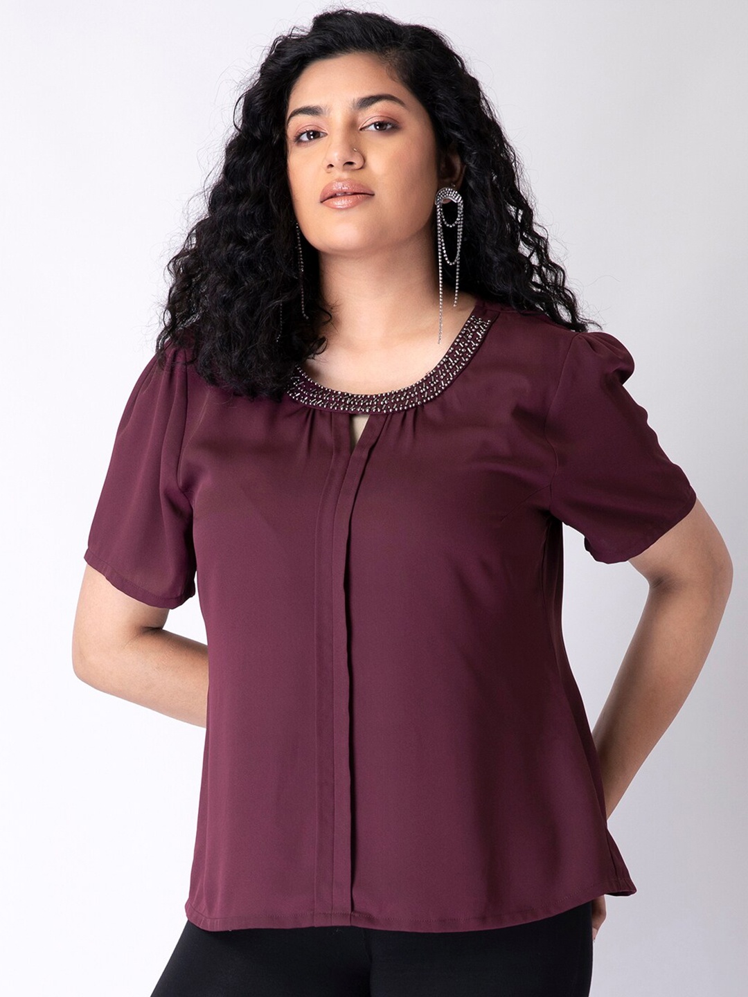 

FabAlley Curve Purple Embellished Neck Crepe Top