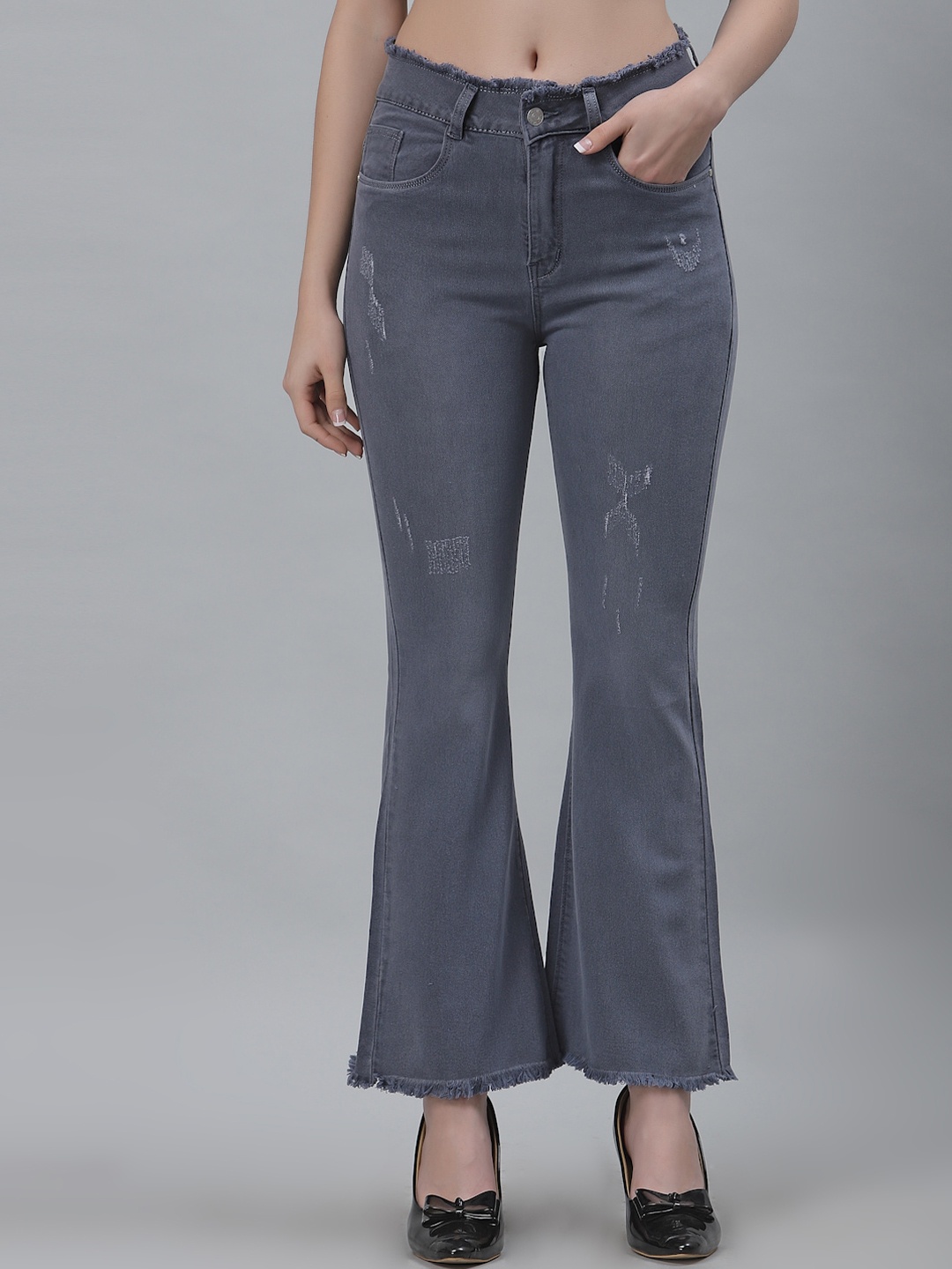 

River Of Design Jeans Women Grey Bootcut High-Rise Low Distress Stretchable Jeans