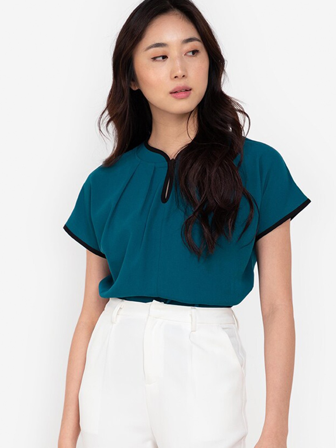 

ORIGIN BY ZALORA Teal Green Mandarin Collar Extended Sleeves Top