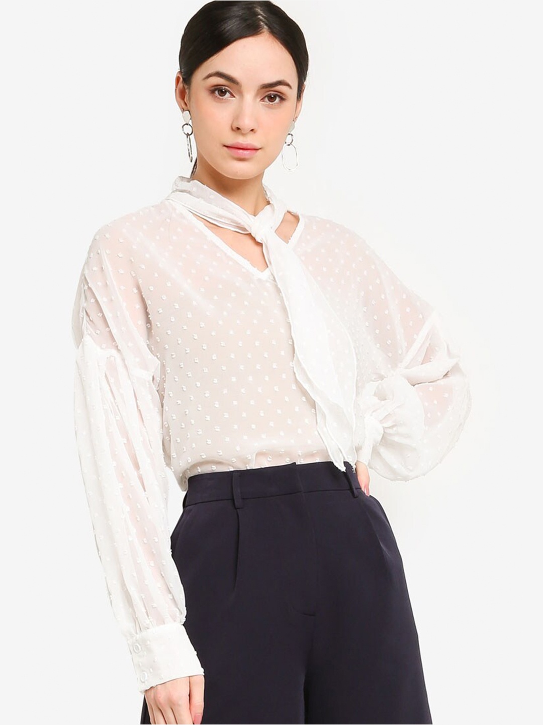 

ORIGIN BY ZALORA White Self-Design Tie-Up Neck Top