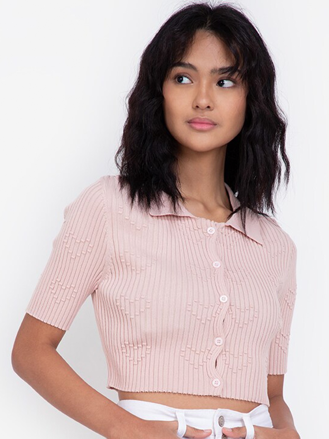 

ZALORA BASICS Pink Shirt Style Crop Top