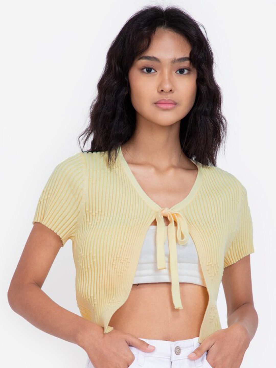 

ZALORA BASICS Women Yellow Ribbed Crop Tie-Up Shrug