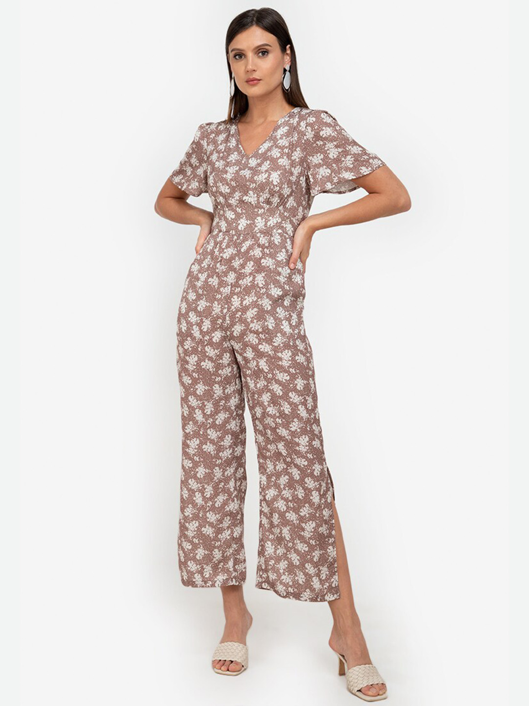 

ZALORA WORK Brown & White Printed Basic Jumpsuit