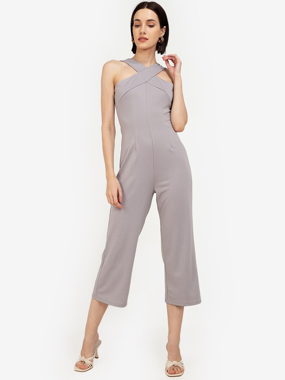 

ZALORA WORK Grey Halter Neck Cross Front Capri Jumpsuit