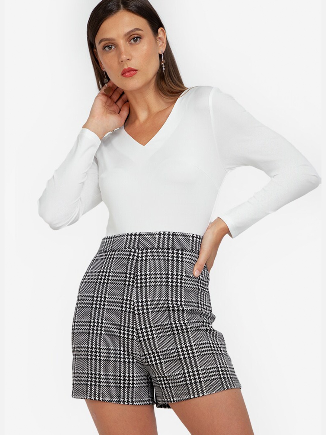 

ZALORA WORK White & Grey Checked Long Sleeve Playsuit