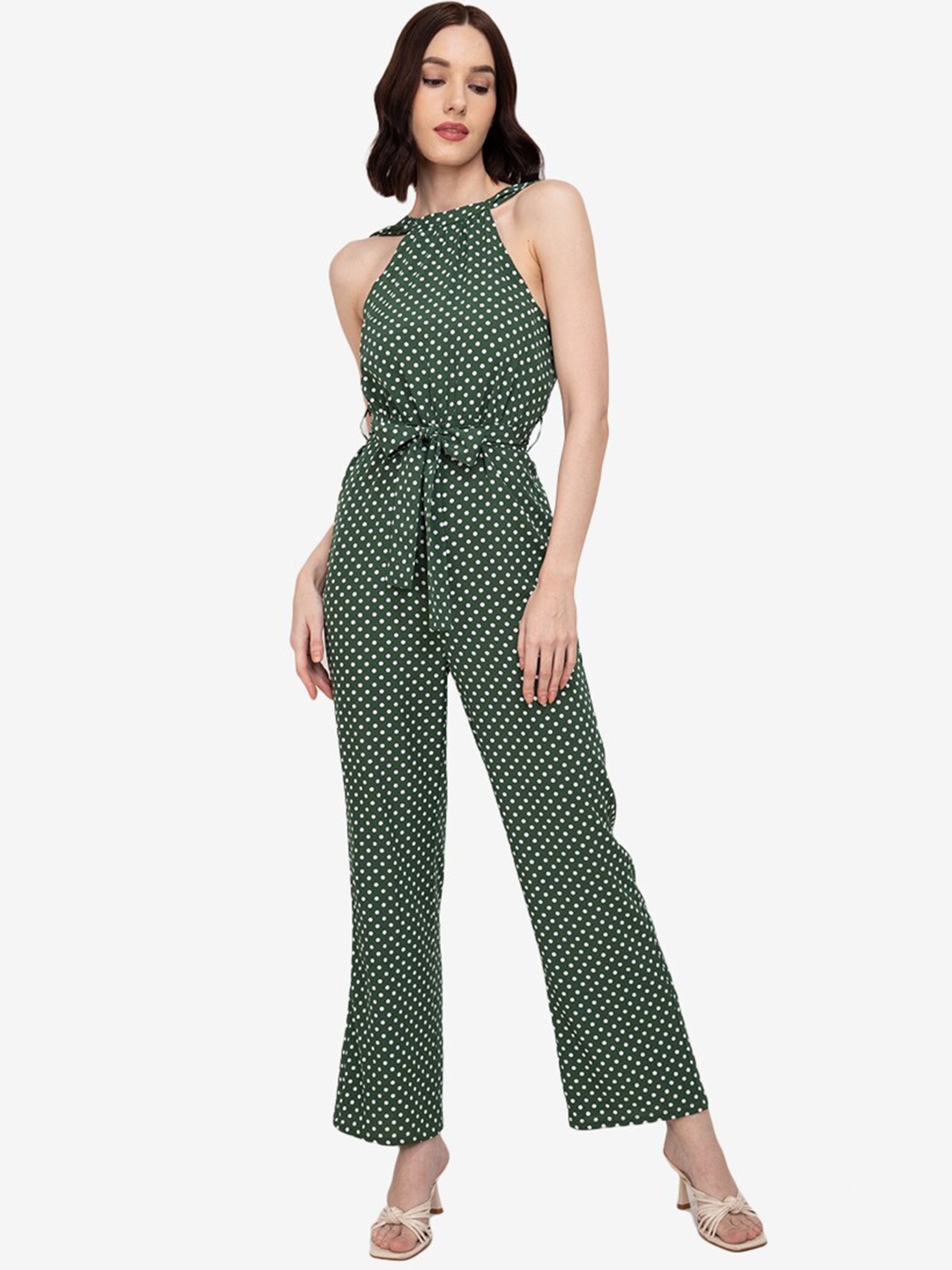 

ZALORA WORK Green & White Printed Halter Neck Capri Jumpsuit