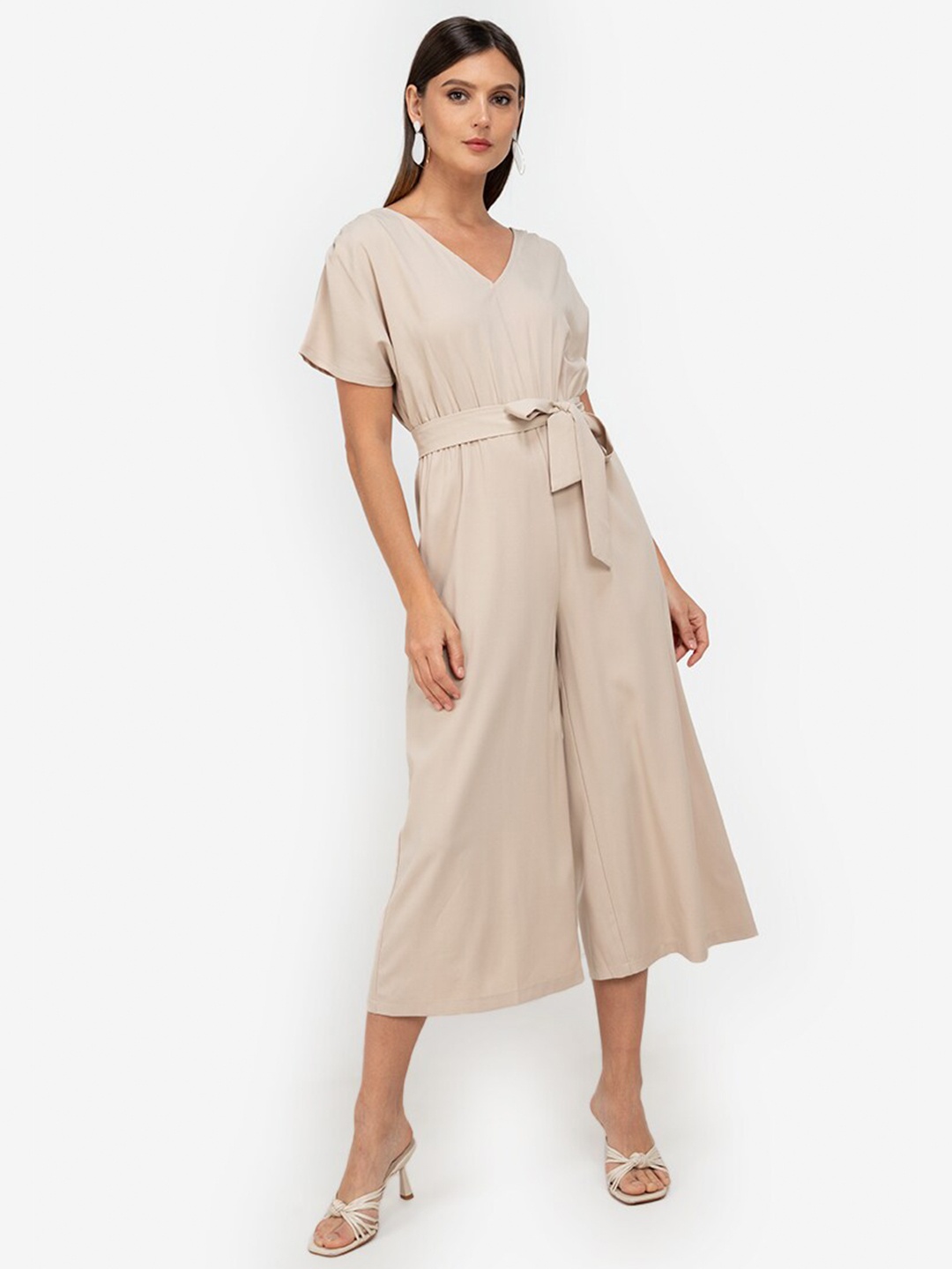 

ZALORA WORK Beige Solid Waist Tie-Up Belted Jumpsuit