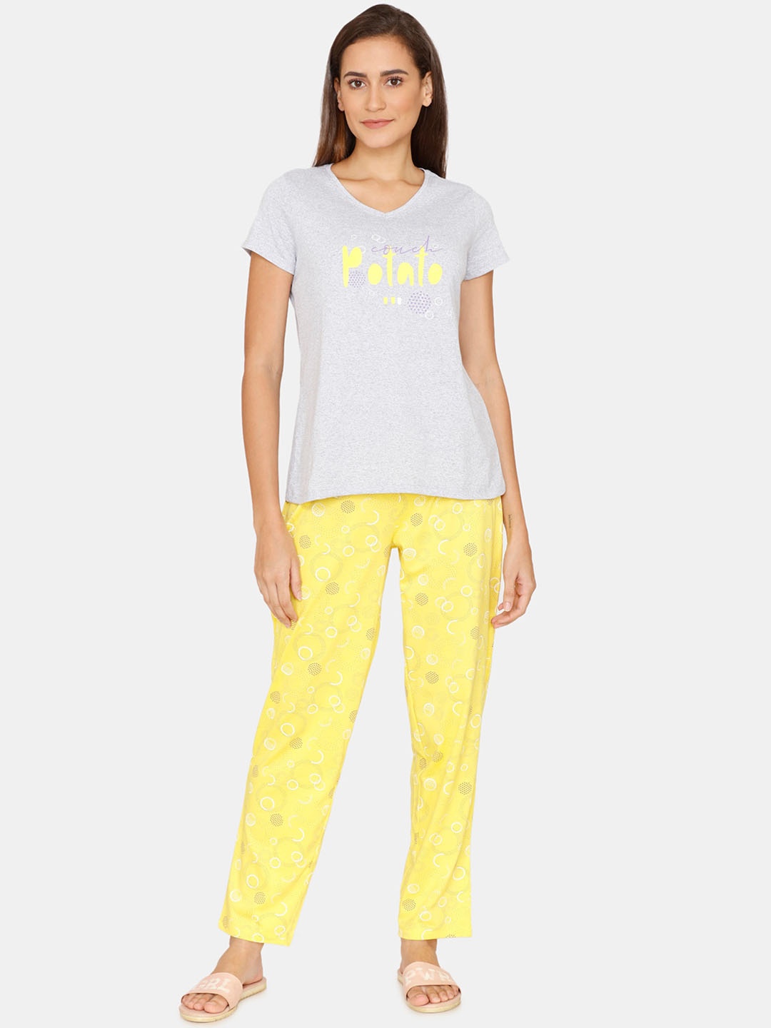 

Rosaline by Zivame Women Yellow & Grey Printed Short Sleeves Night suit