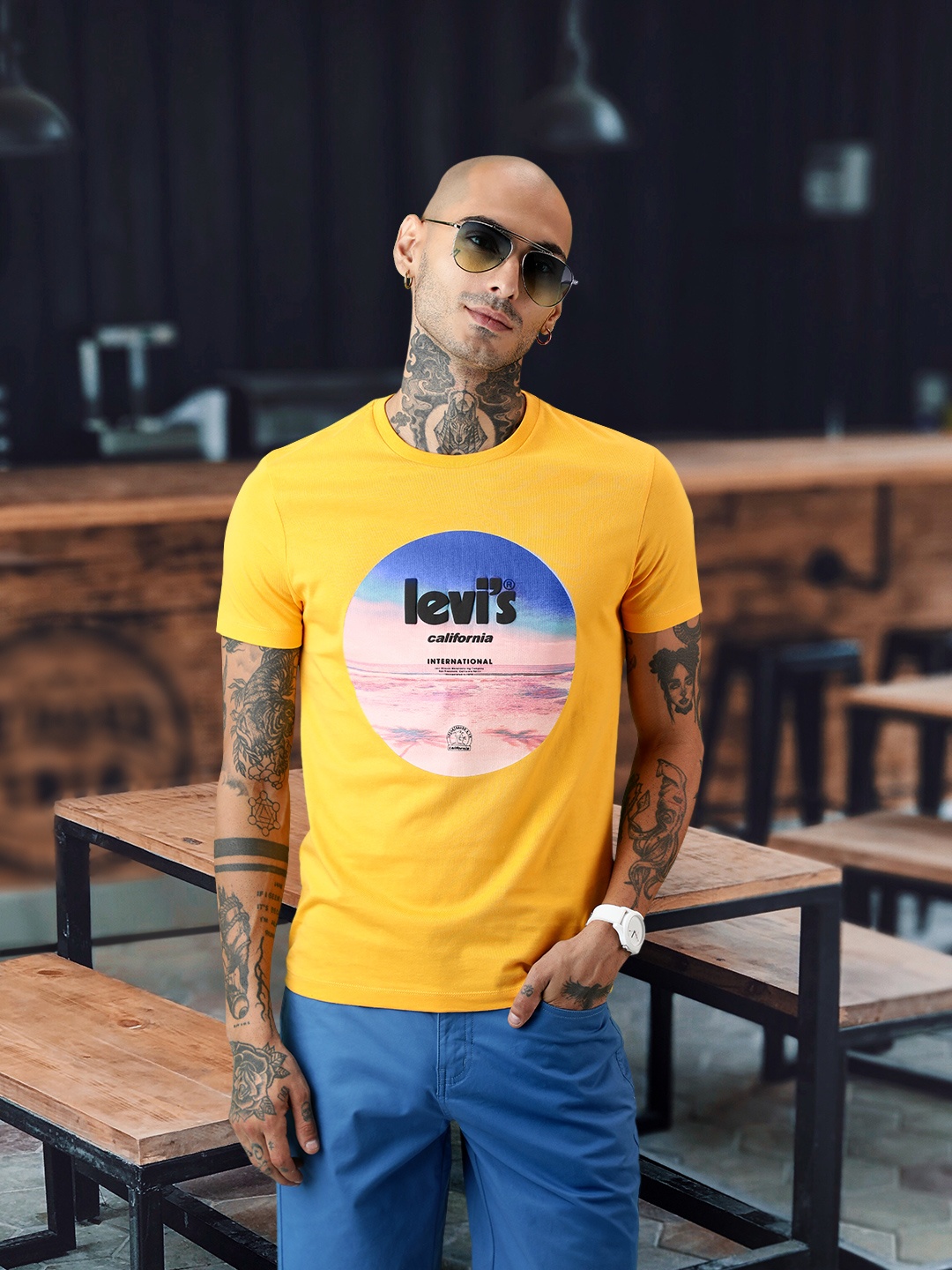

Levis Men Yellow & Black Printed Pure Cotton T-shirt