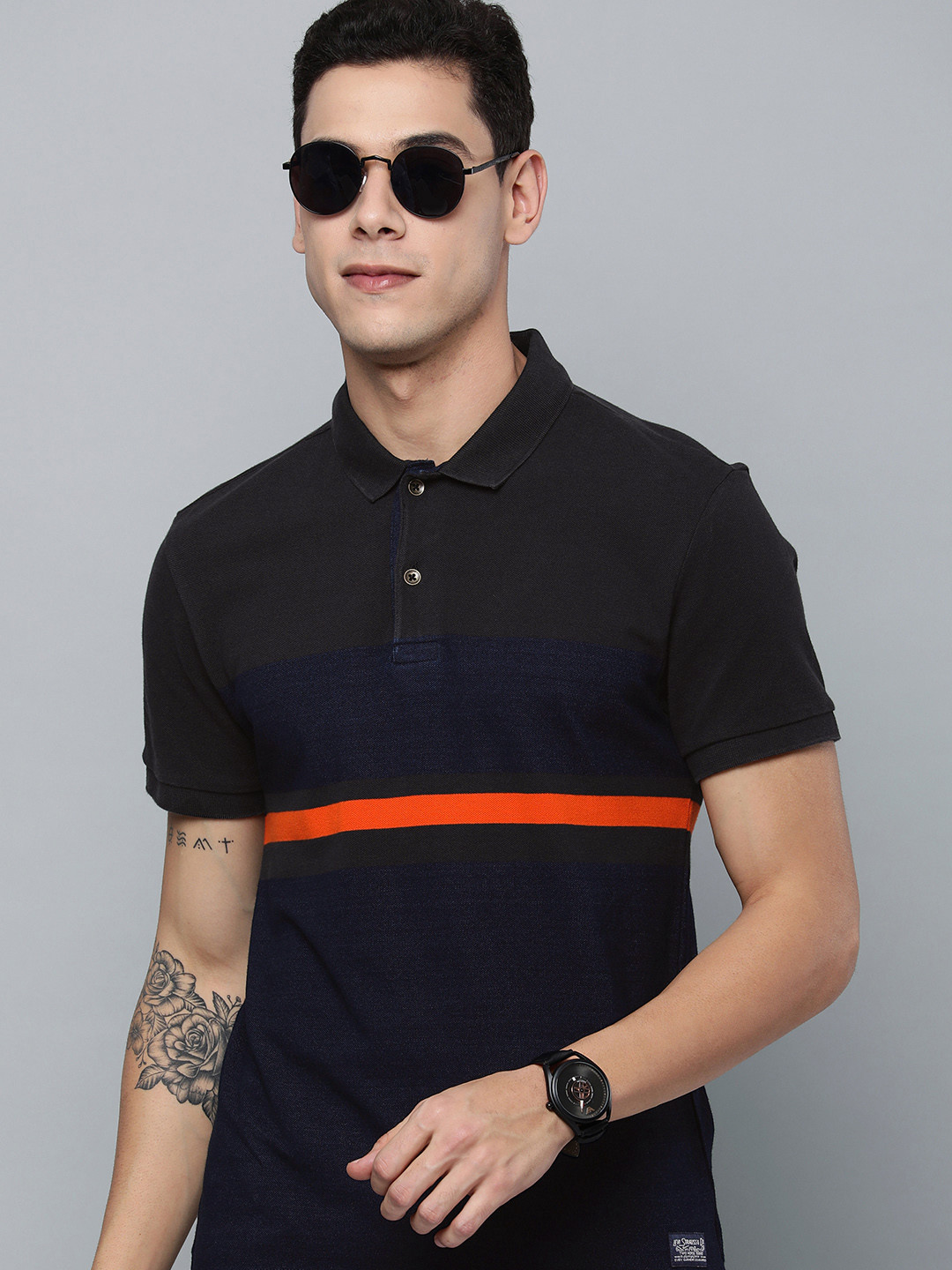 

Levis Men Navy Blue & Orange Striped Polo Collar Pure Cotton T-shirt