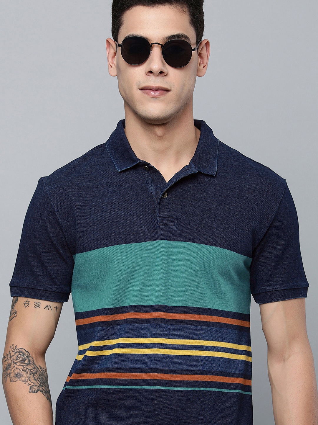 

Levis Men Navy Blue & Teal Green Striped Polo Collar Pure Cotton T-shirt