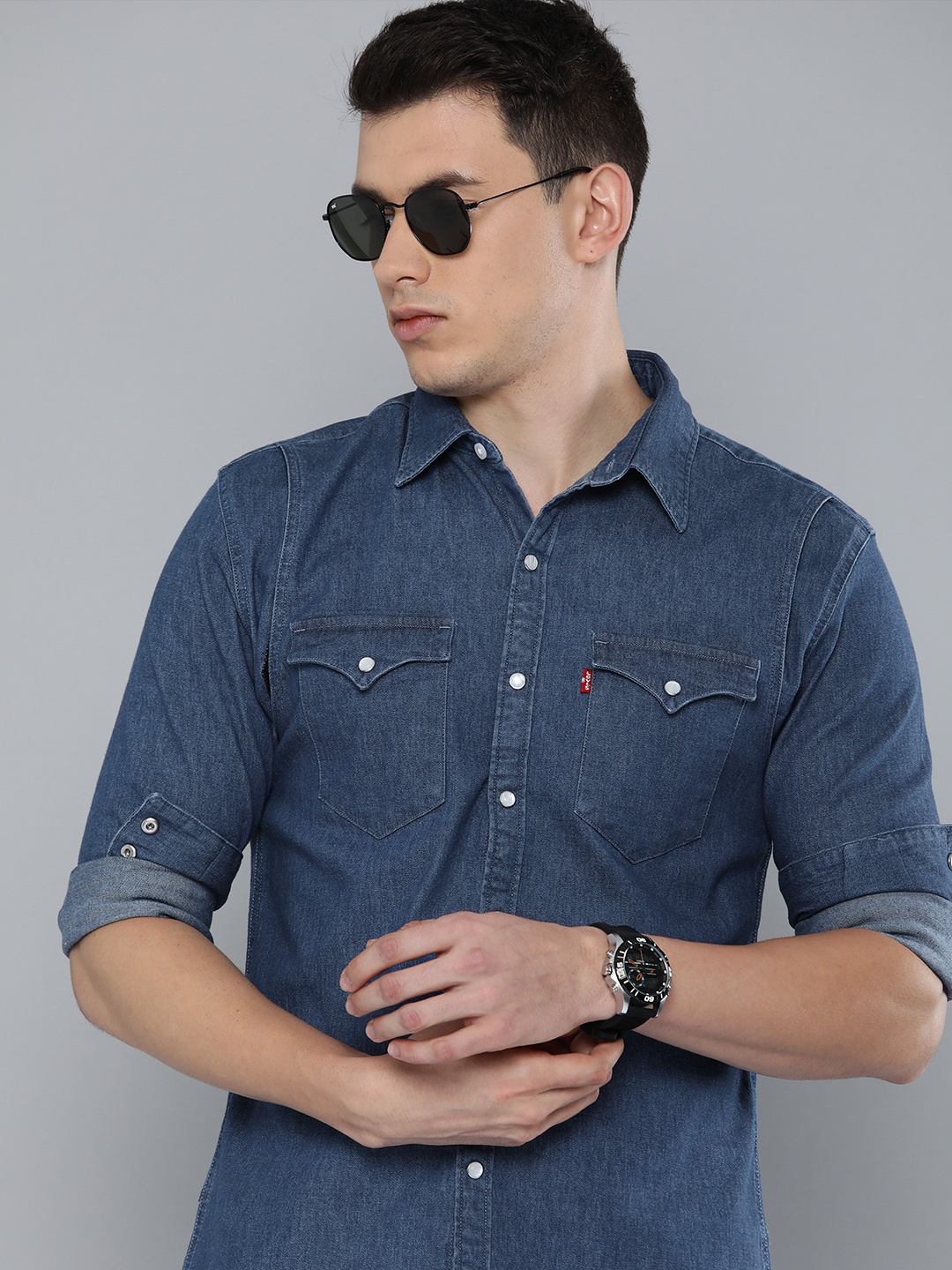 

Levis Men Blue Regular Fit Solid Opaque Casual Premium Motorcycle Collection Denim Shirt