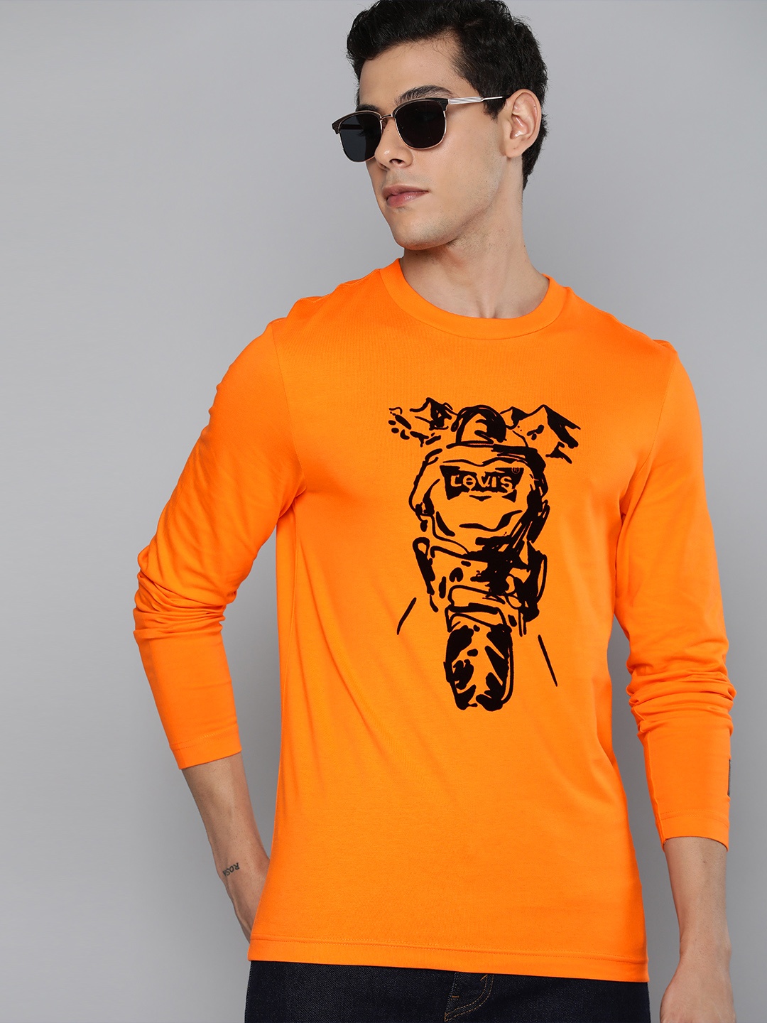 

Levis Men Orange & Black Biker Printed Pure Cotton Casual T-shirt