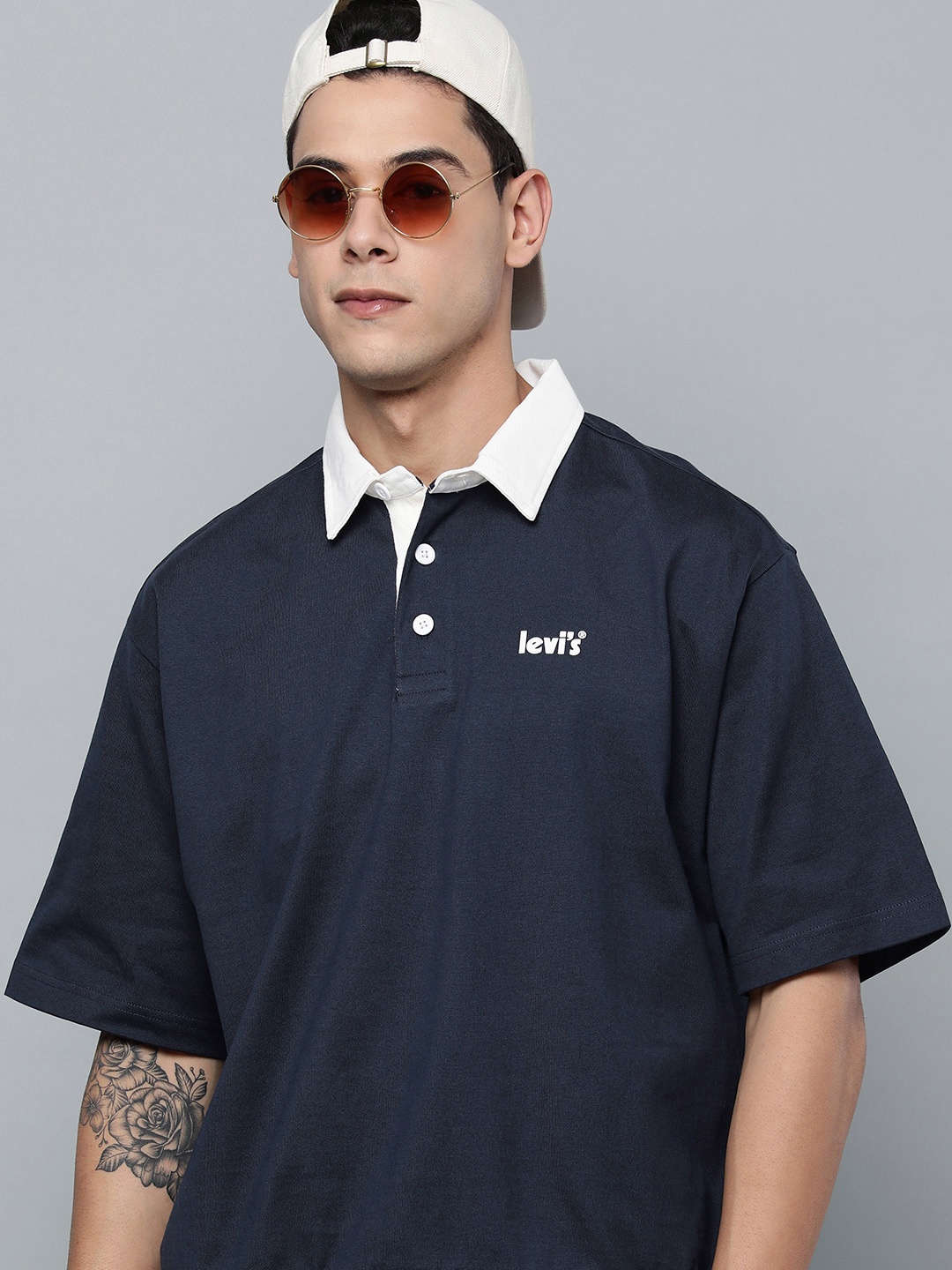 

Levis Men Navy Blue Brand Logo Printed Polo Collar Pure Cotton Loose T-shirt
