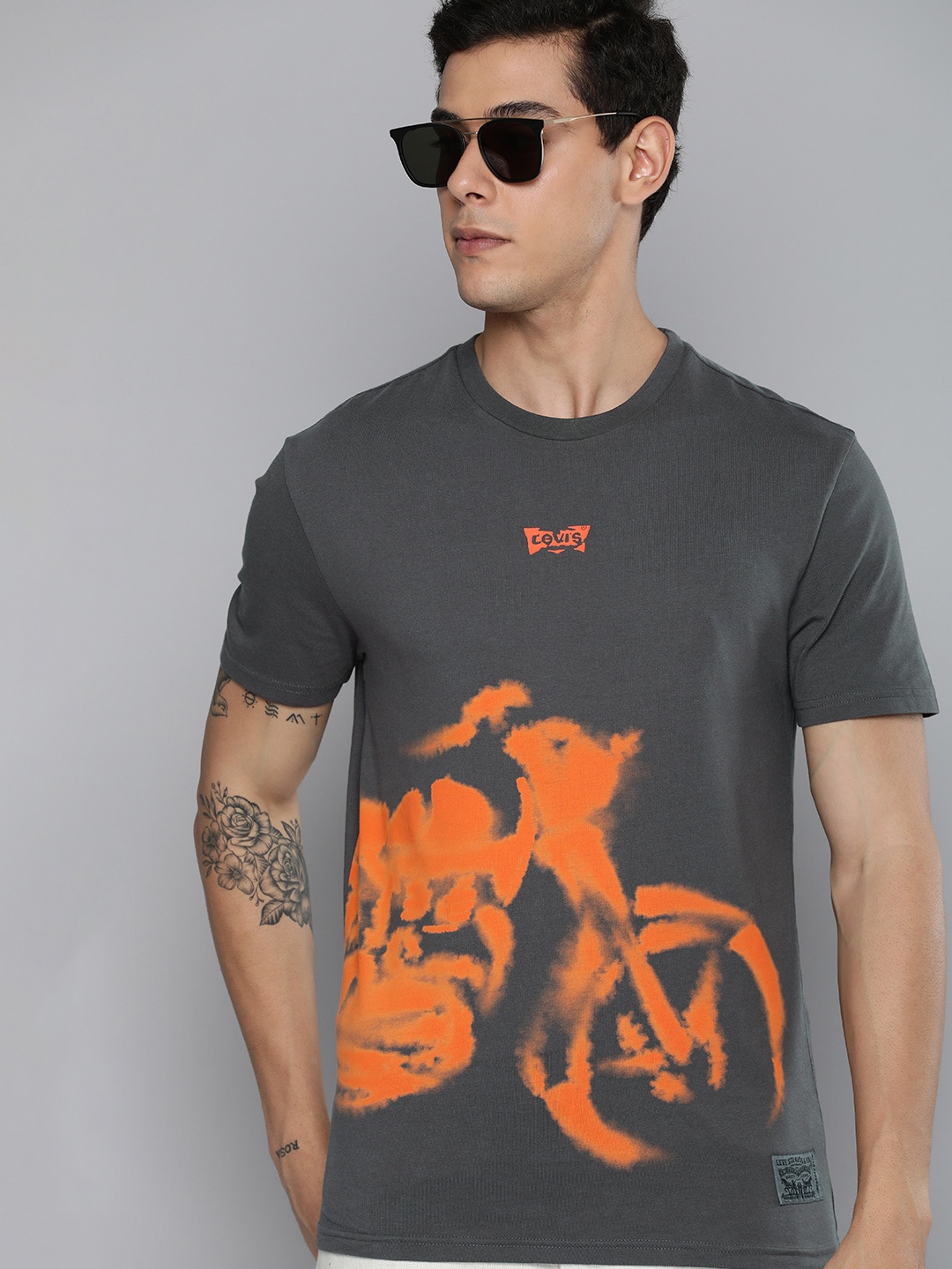 

Levis Men Grey & Orange Biker Printed Pure Cotton T-shirt