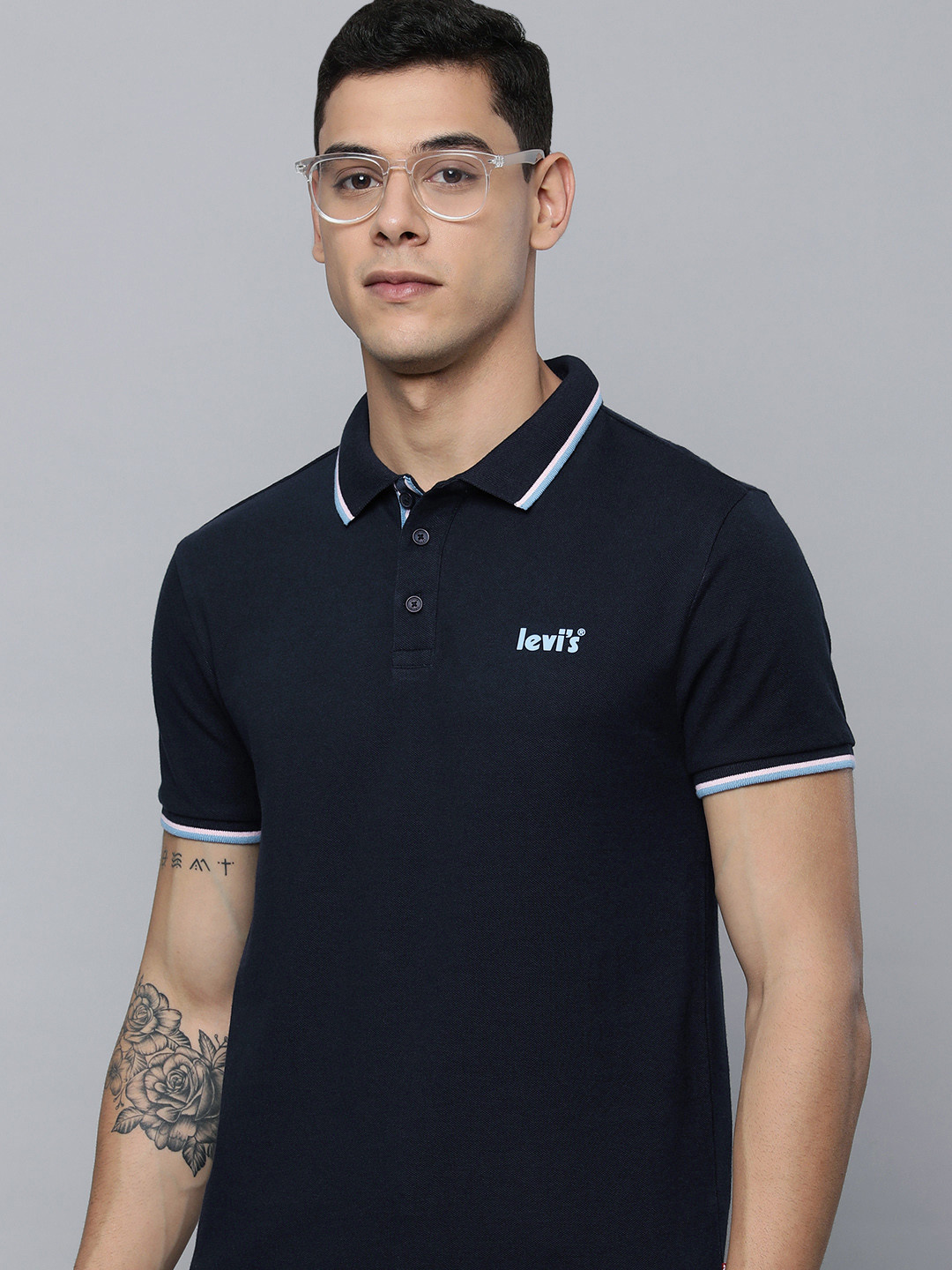 

Levis Men Navy Blue Brand Logo Printed Polo Collar Pure Cotton T-shirt