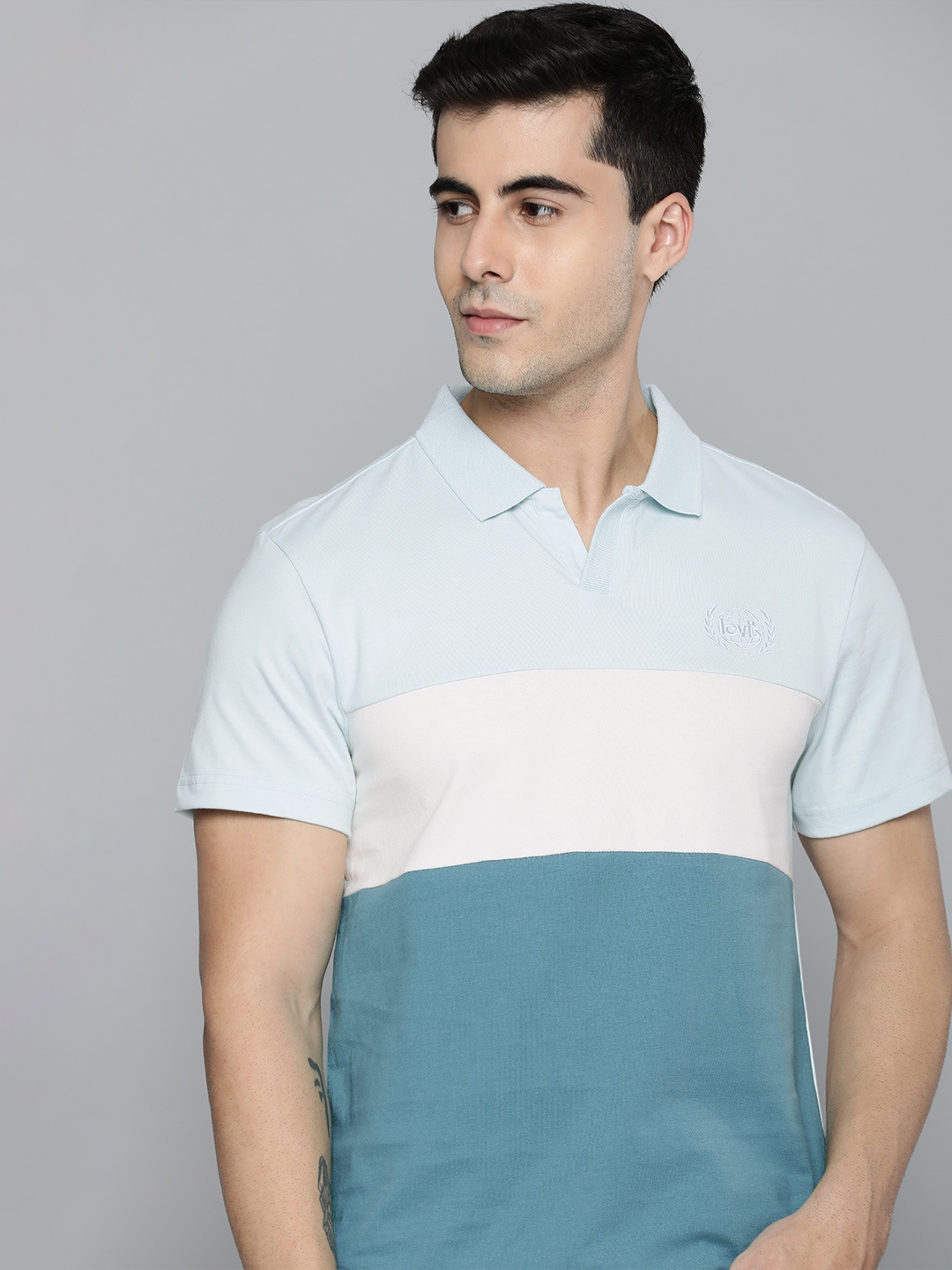 

Levis Men Blue & White Colourblocked Polo Collar Pure Cotton Embroidered T-shirt