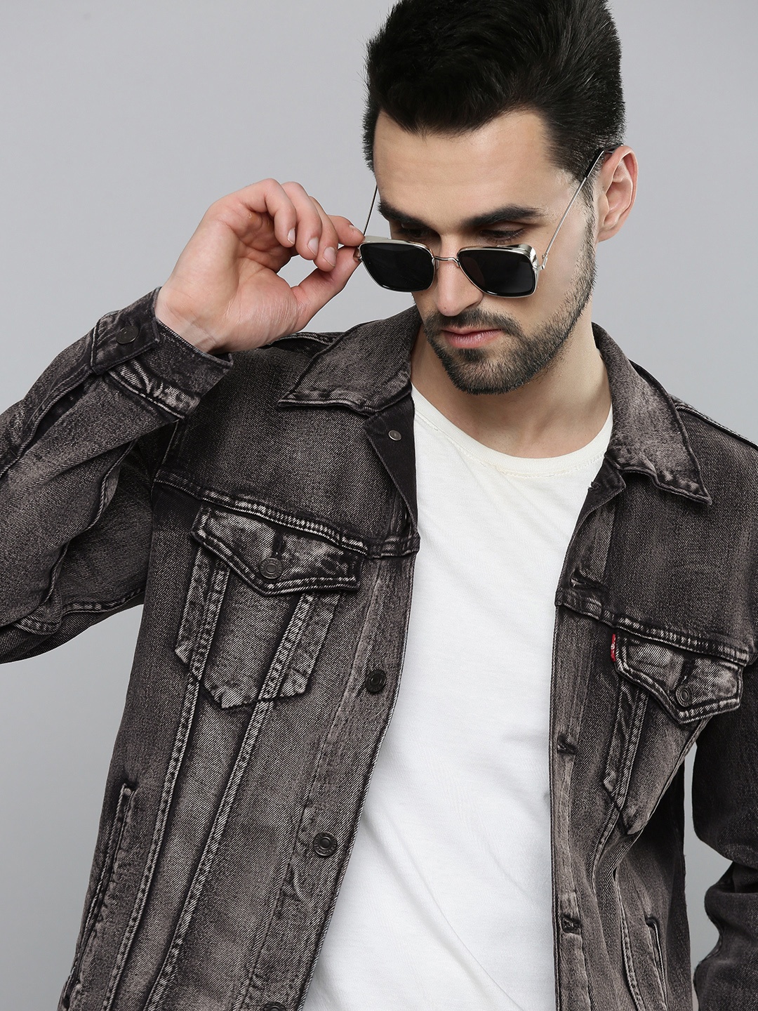 

Levis Men Dark Grey Solid Standard Denim Jacket