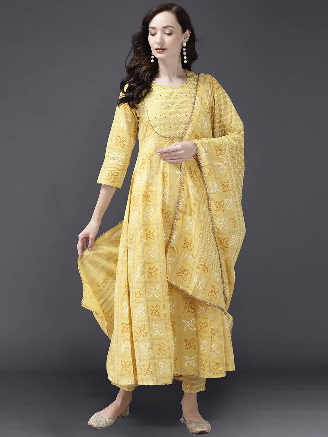 

Indo Era Women Yellow & White Bandhani Sequinned Kurta with Trousers & With Dupatta