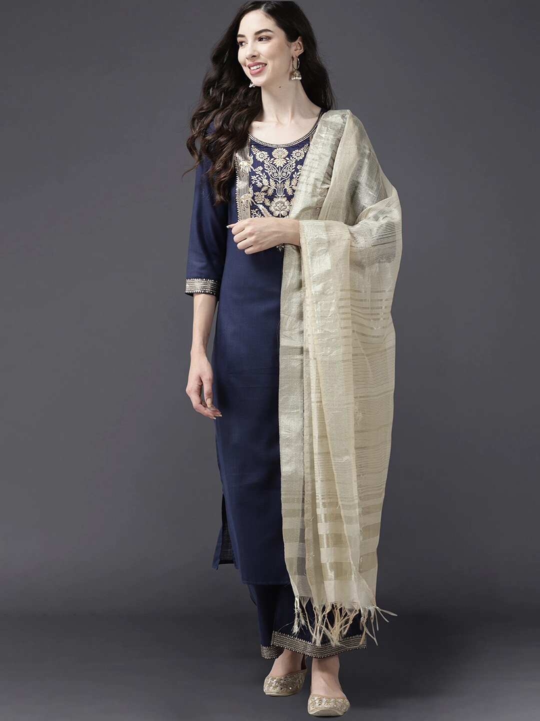 

Indo Era Women Navy Blue Striped Panelled Kurti with Trousers & With Dupatta