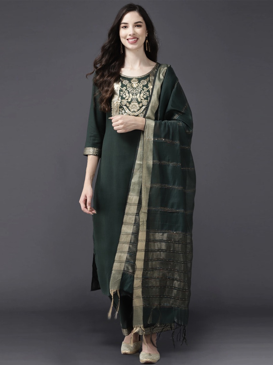 

Indo Era Women Green & Gold-Toned Yoke Design Kurta with Palazzos & With Dupatta