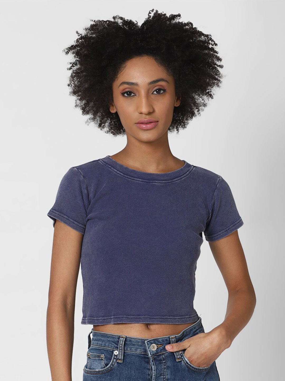 

FOREVER 21 Women Blue Solid Short Sleeves Crop Top