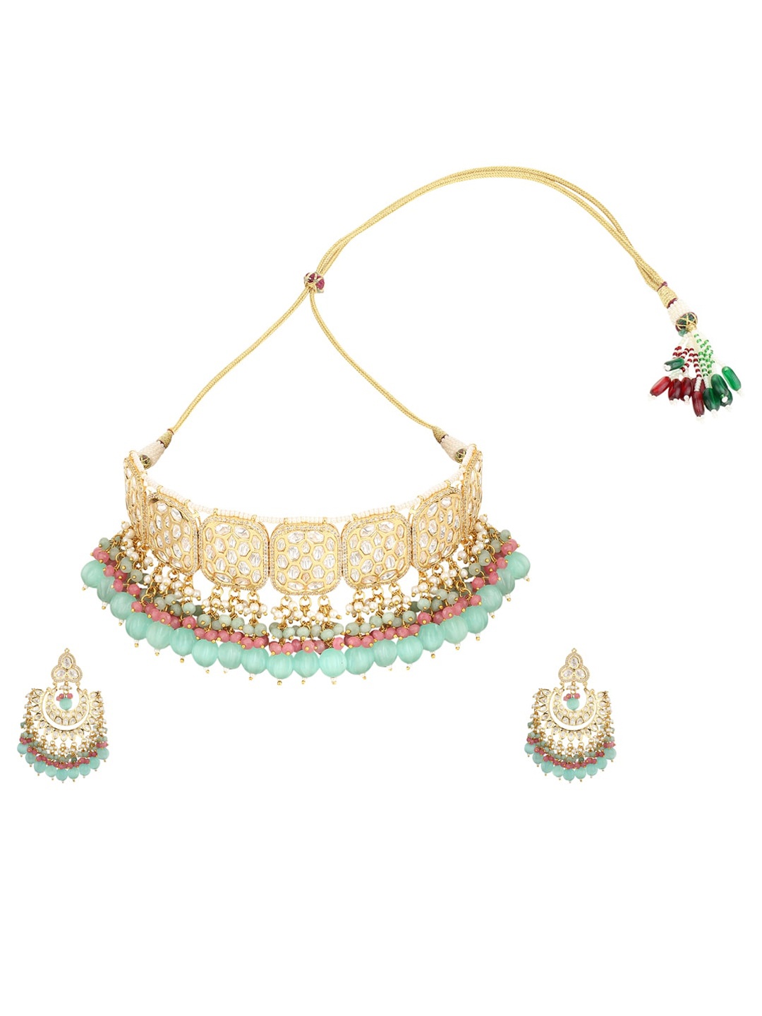 

Runjhun Gold-Plated White Kundan-Studded & Pearl Beaded Jewellery Set