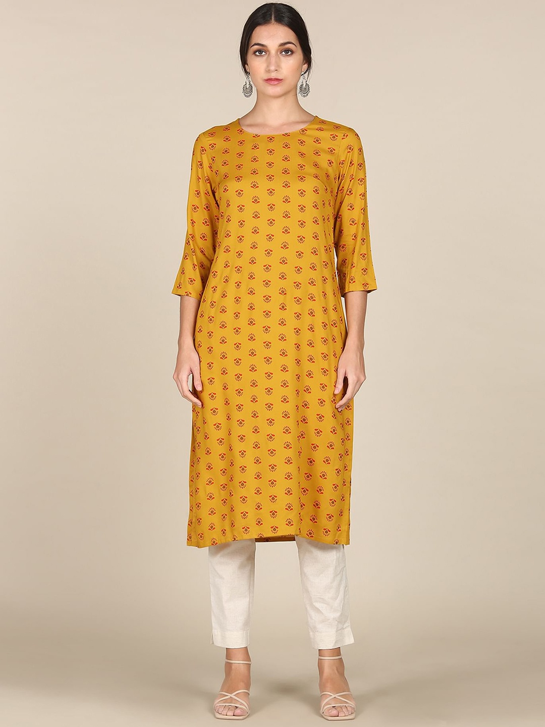

Karigari Women Mustard Yellow Ethnic Motifs Printed Kurta