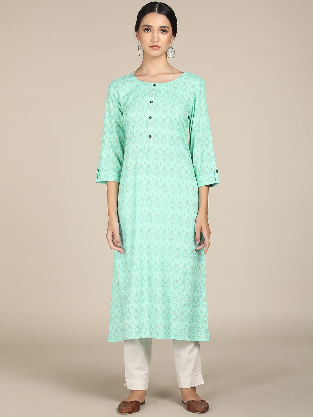 

Karigari Women Sea Green Geometric Printed Kurta