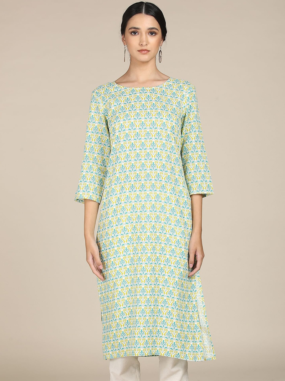 

Karigari Women White & Blue Ethnic Motifs Printed Kurta