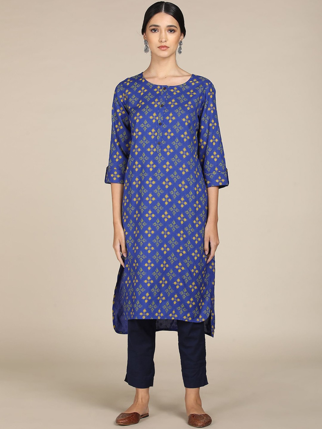 

Karigari Women Blue & Yellow Geometric Printed Kurta
