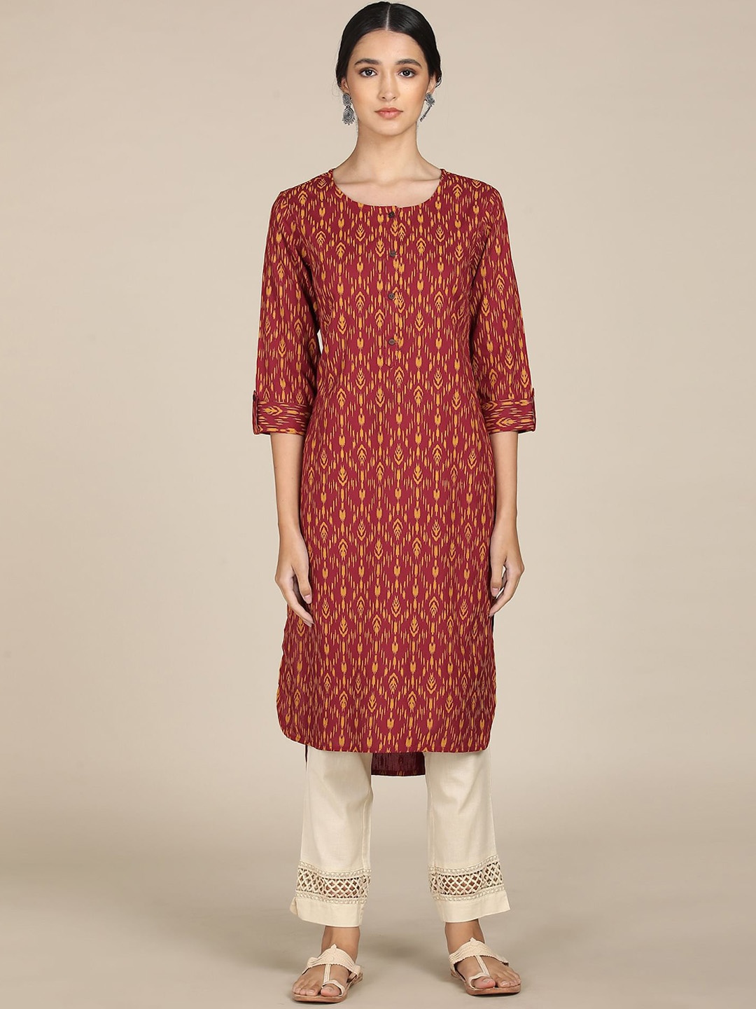 

Karigari Women Maroon & Yellow Printed Kurta
