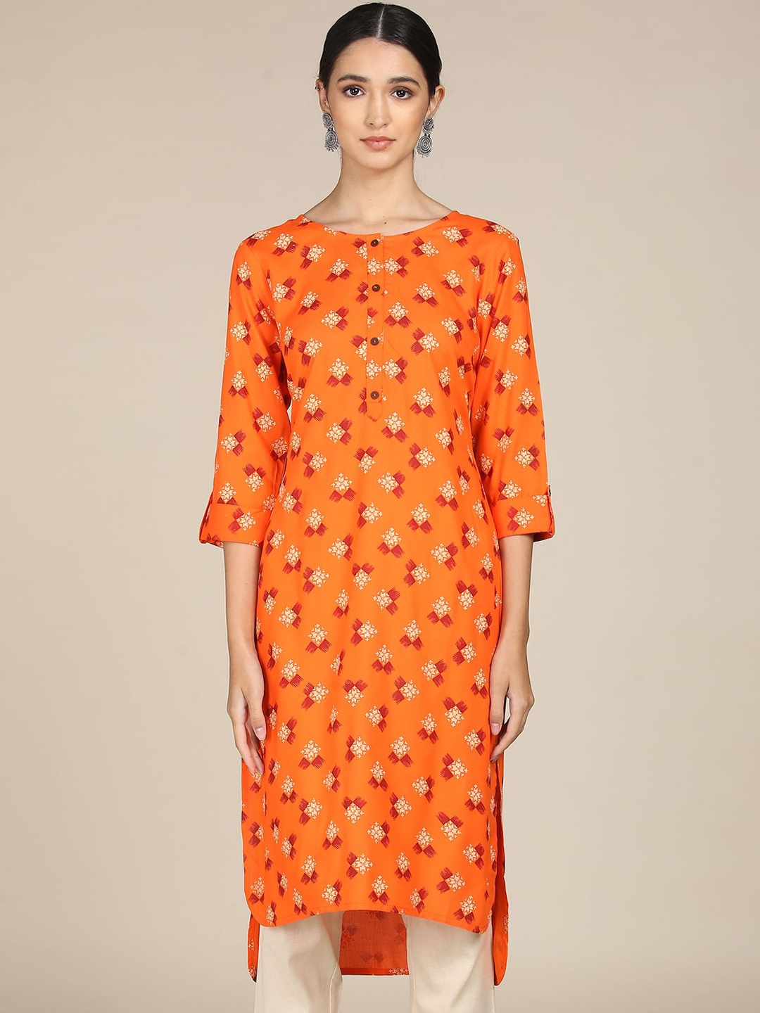 

Karigari Women Orange & Beige Geometric Printed Kurta