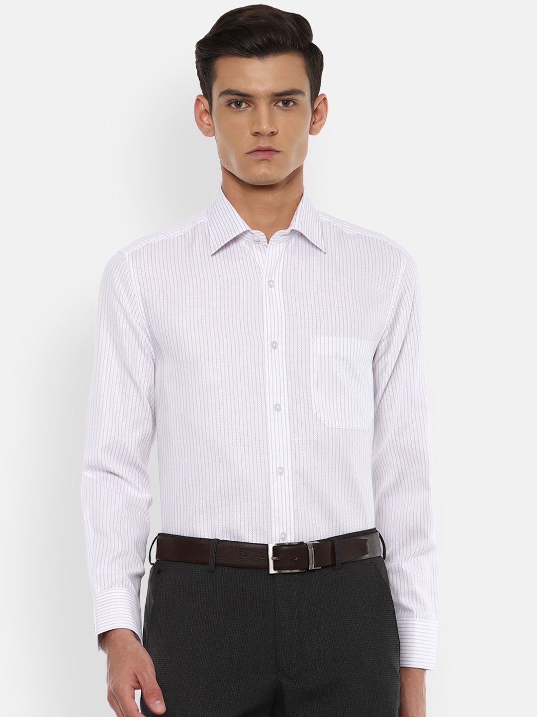 

Louis Philippe Men White & Purple Striped Pure Cotton Formal Shirt