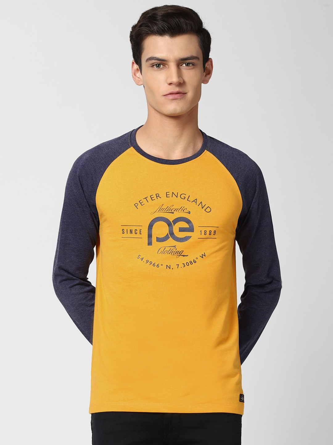 

Peter England Casuals Men Yellow & Navy Blue Brand Logo Printed Slim Fit T-shirt