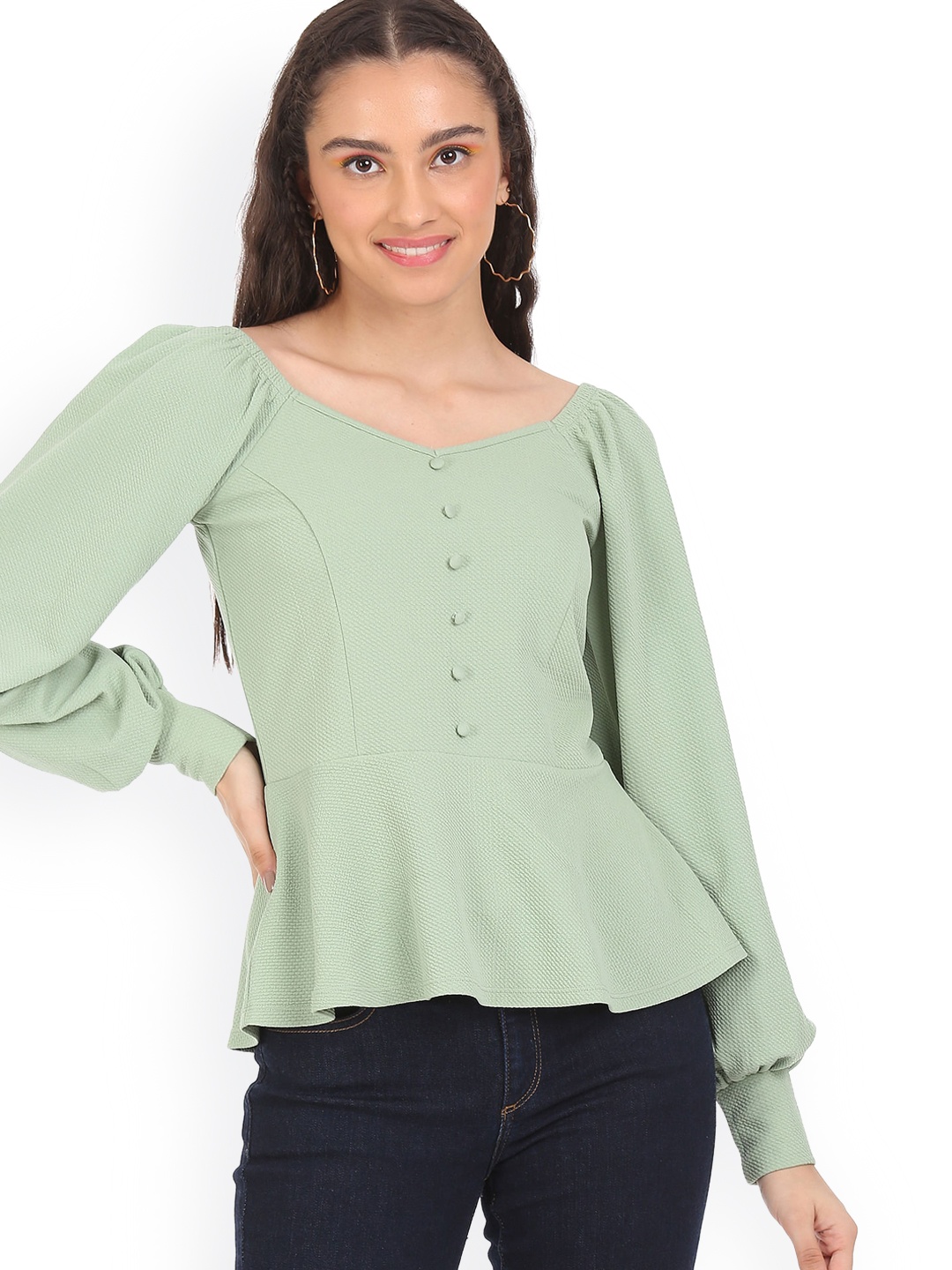 

Sugr Women Green Solid Sweetheart Neck Peplum Top