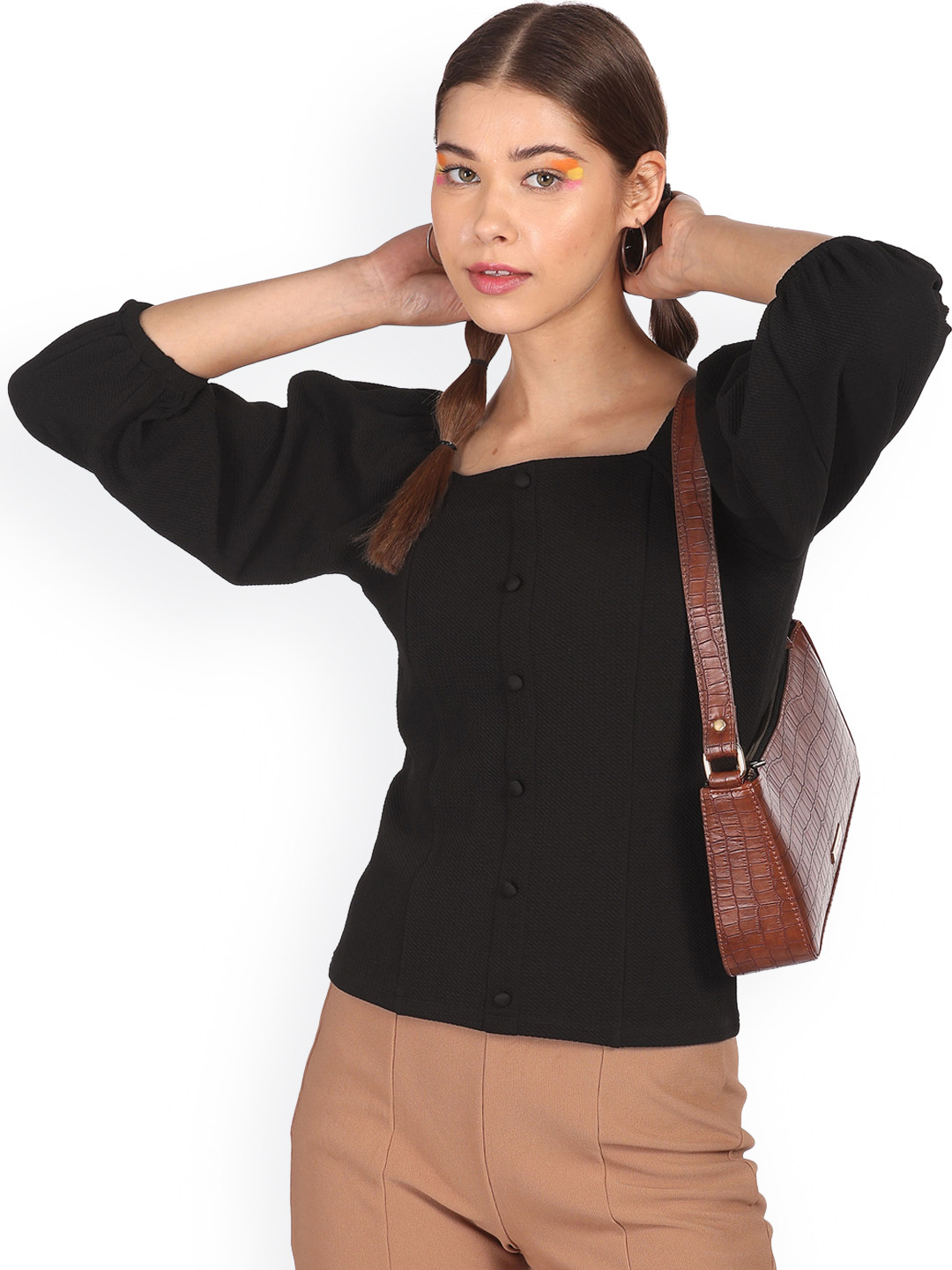 

Sugr Women Black Solid Three-Quarter Sleeves Regular Top