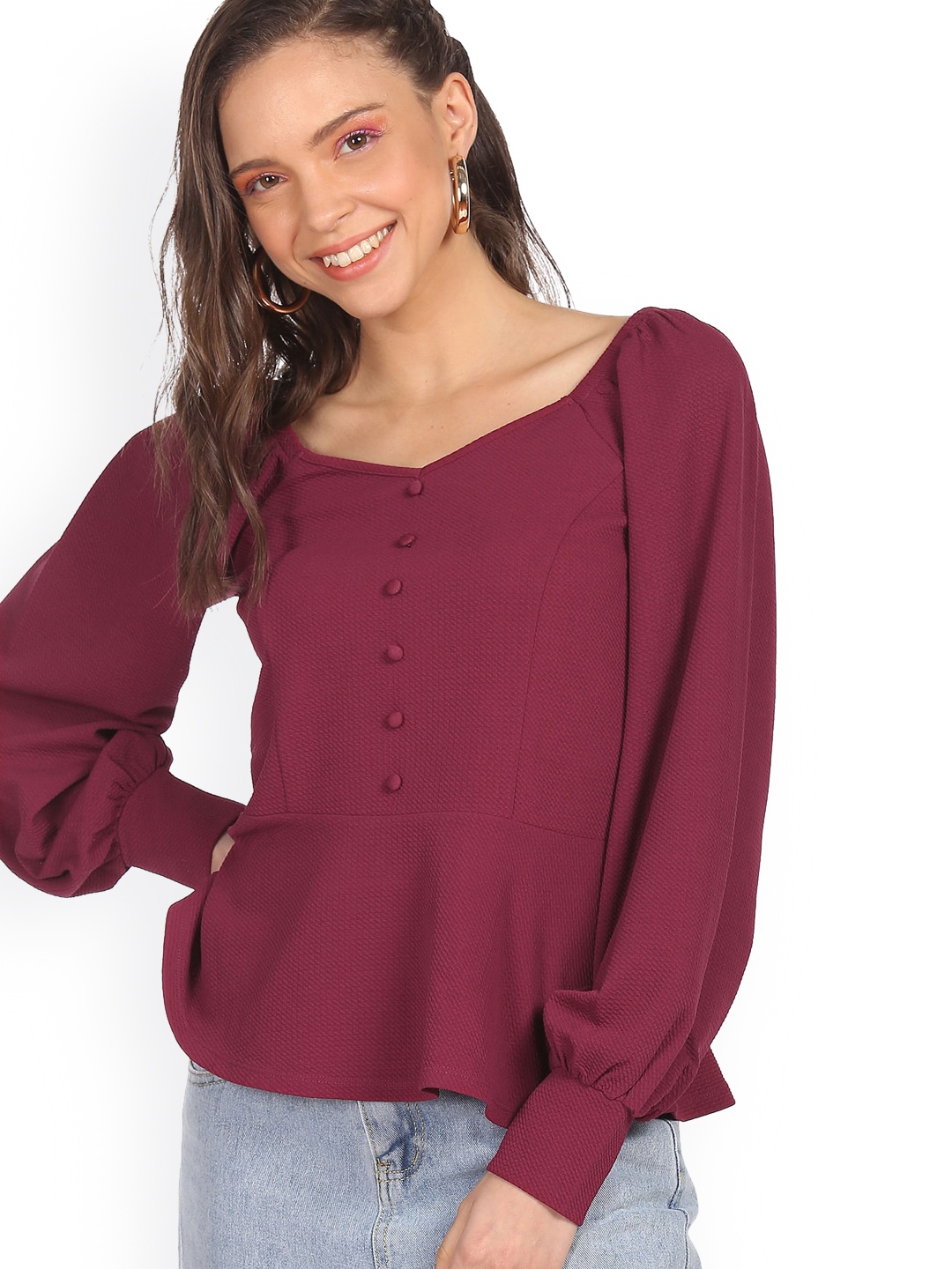 

Sugr Women Burgundy Solid Bishop Sleeves Peplum Top