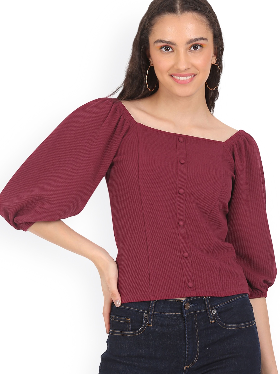 

Sugr Women Burgundy Solid Three-Quarter Puffed Sleeves Top