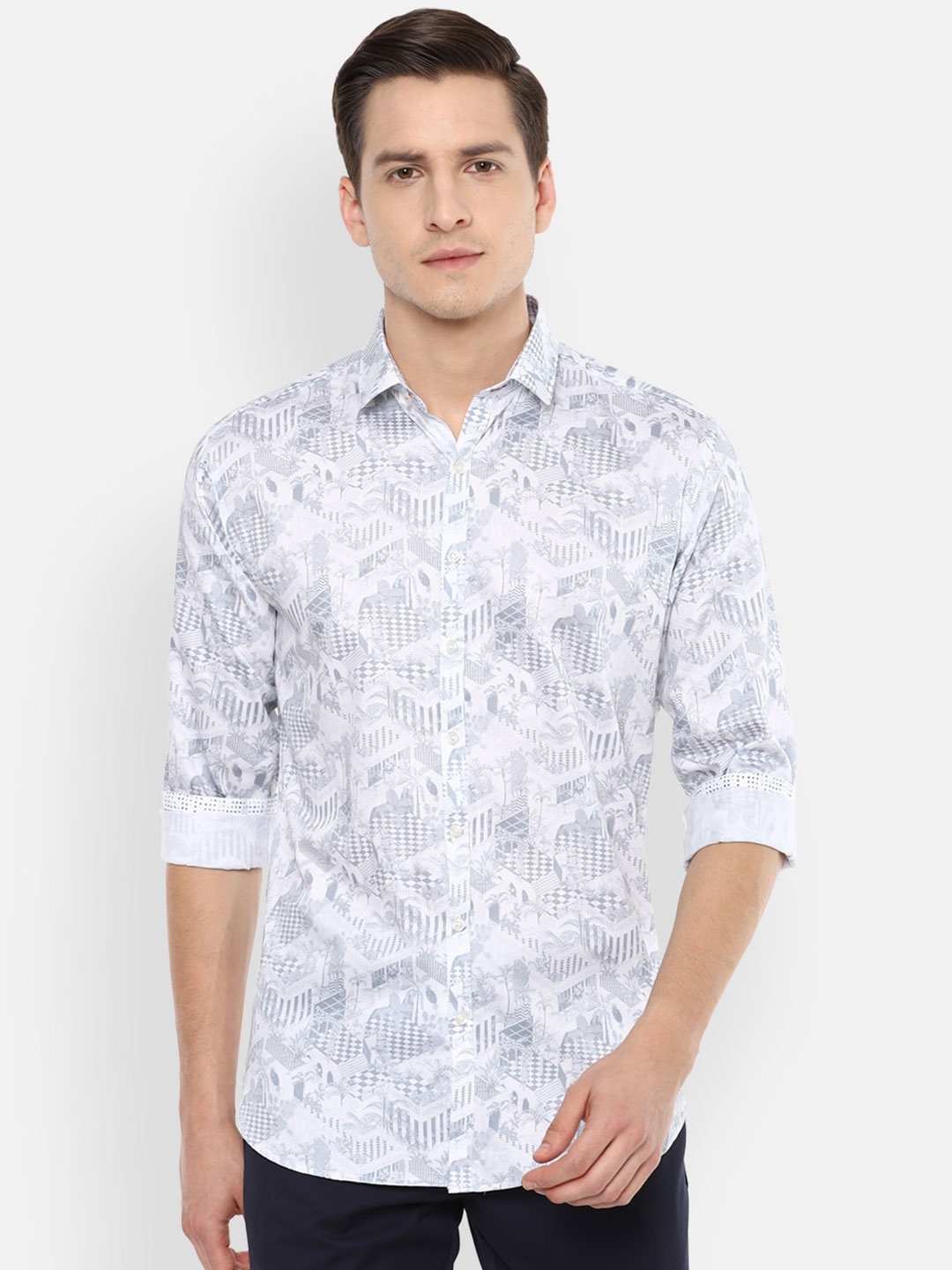 

V Dot Men Grey Slim Fit Floral Printed Casual Shirt