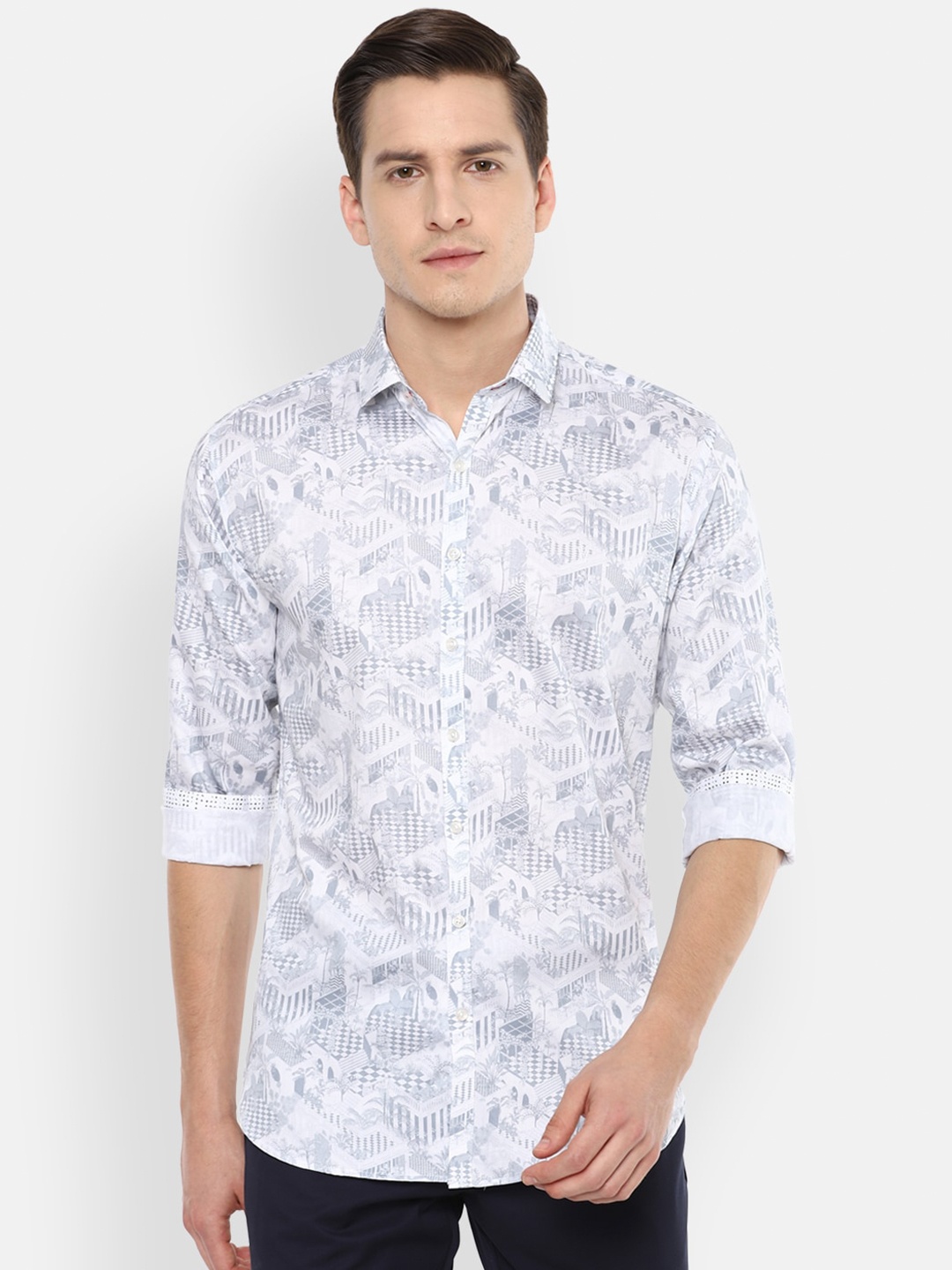 

V Dot Men Grey Slim Fit Printed Casual Shirt