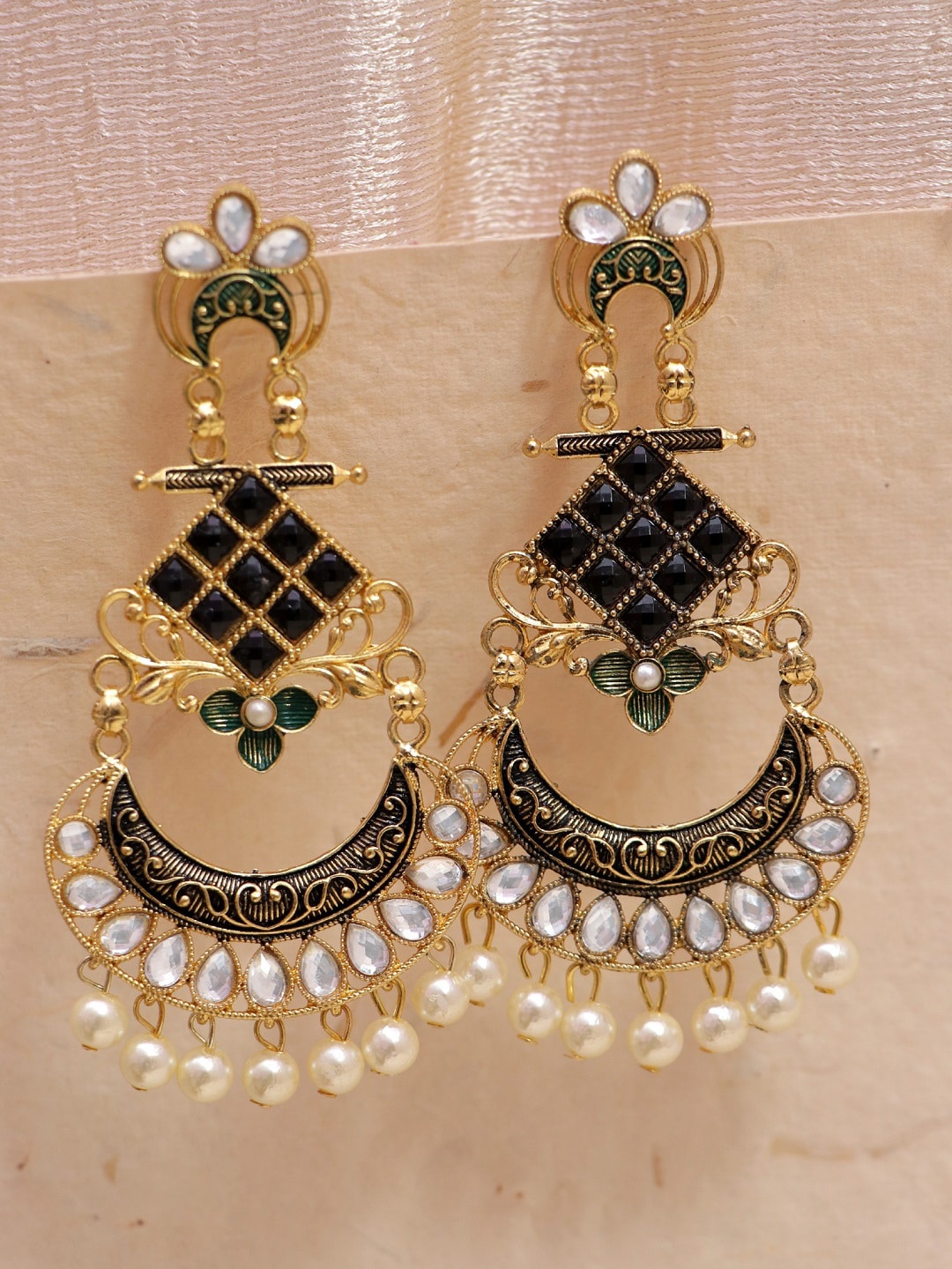 

Crunchy Fashion Gold-Plated Black & White Crescent Shaped Chandbalis