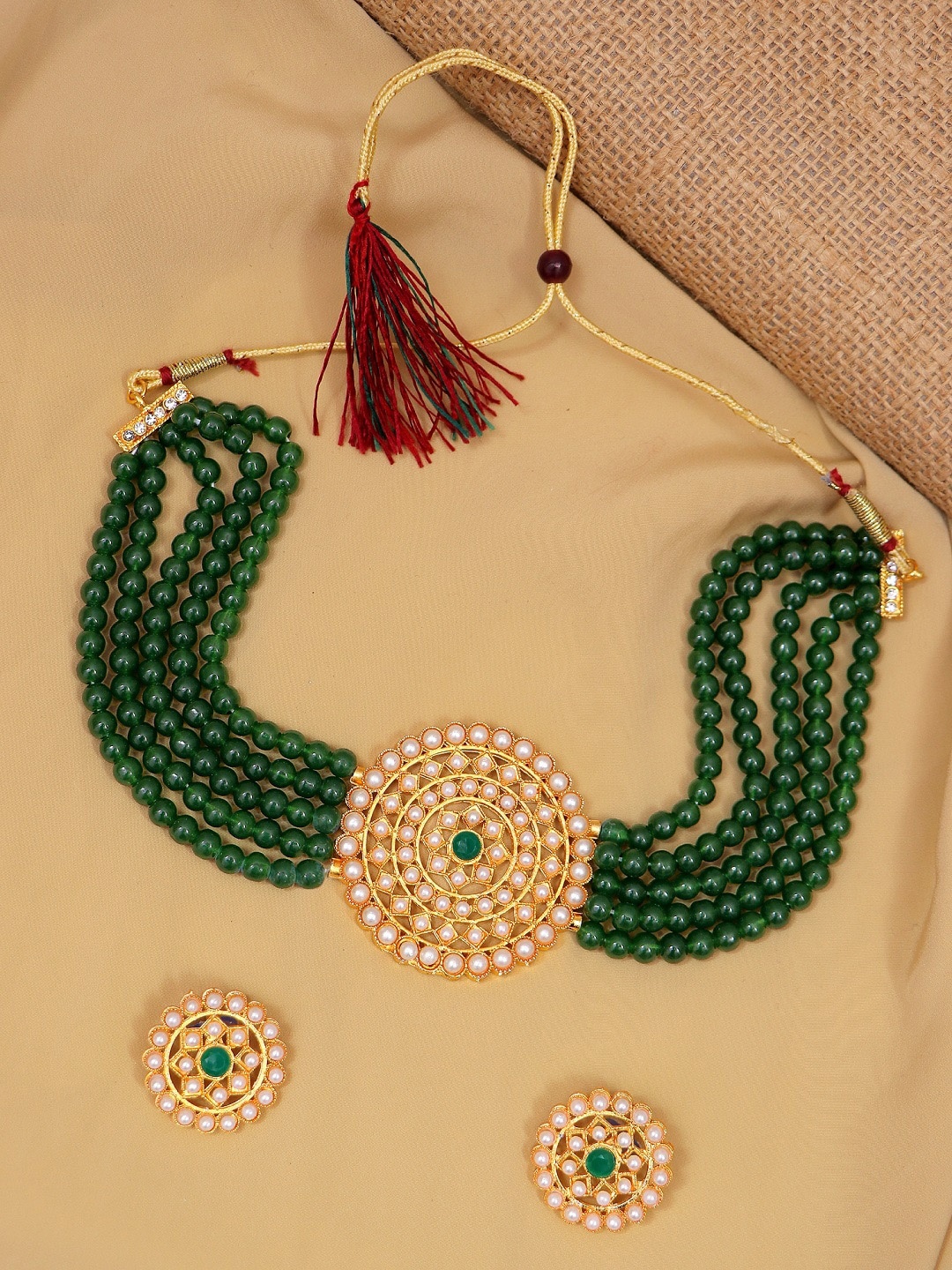 

Crunchy Fashion Gold-Plated Green Beaded Enamelled Jewellery Set