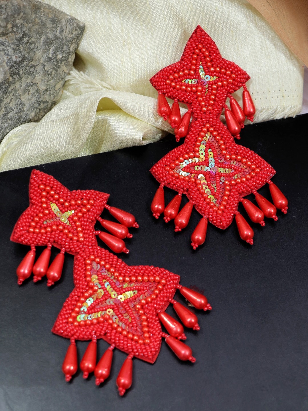 

Crunchy Fashion Silver-Plated & Red Geometric Drop Earrings