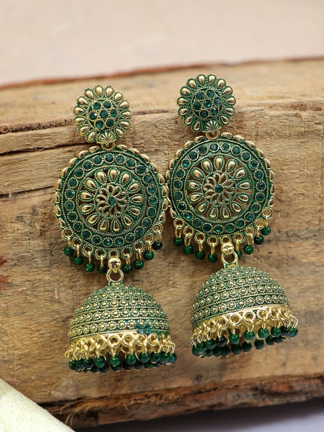 

Crunchy Fashion Green Gold Plated Contemporary Jhumkas Earrings