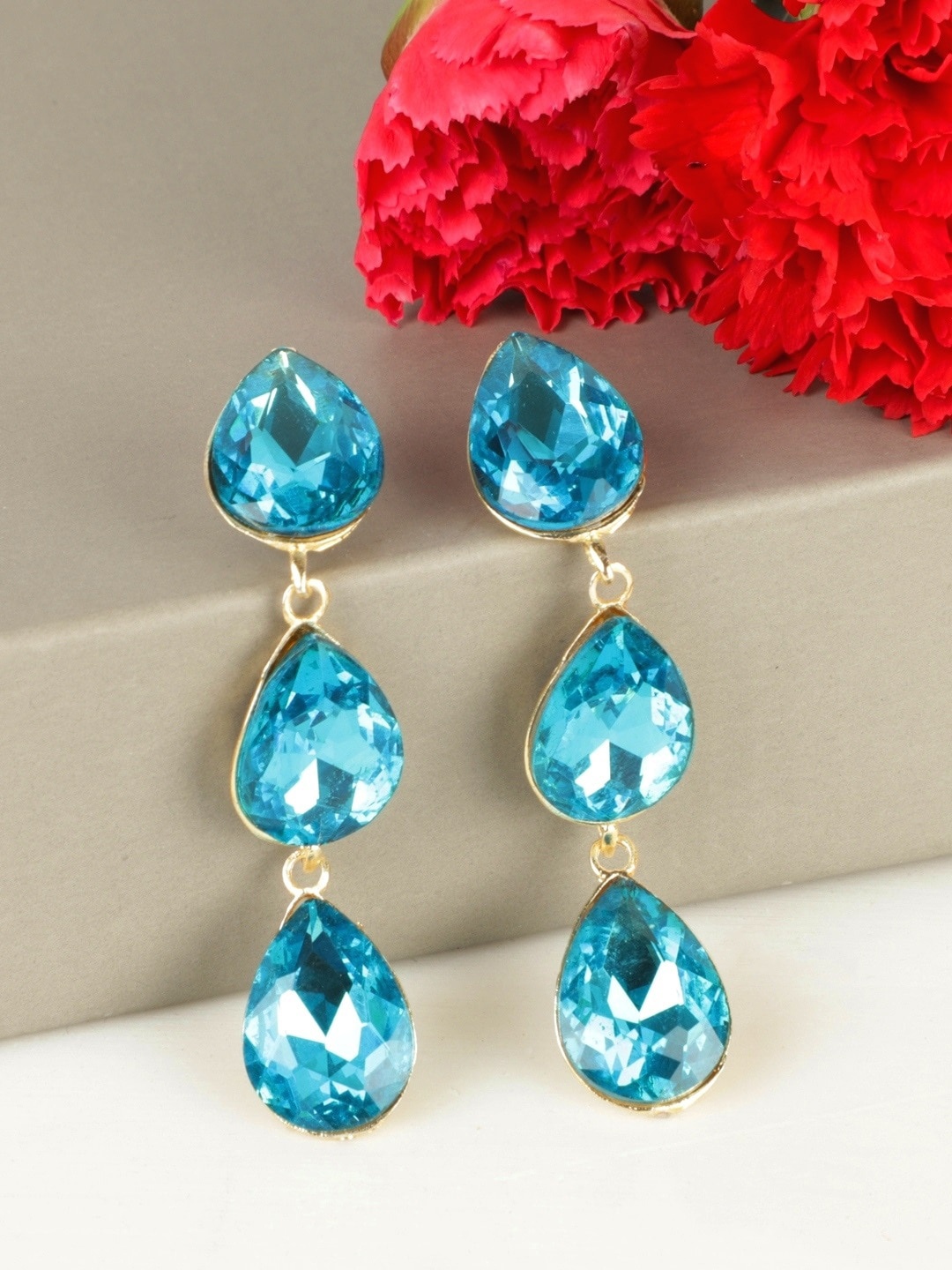 

Crunchy Fashion Gold-Plated & Blue Teardrop Shaped Drop Earrings