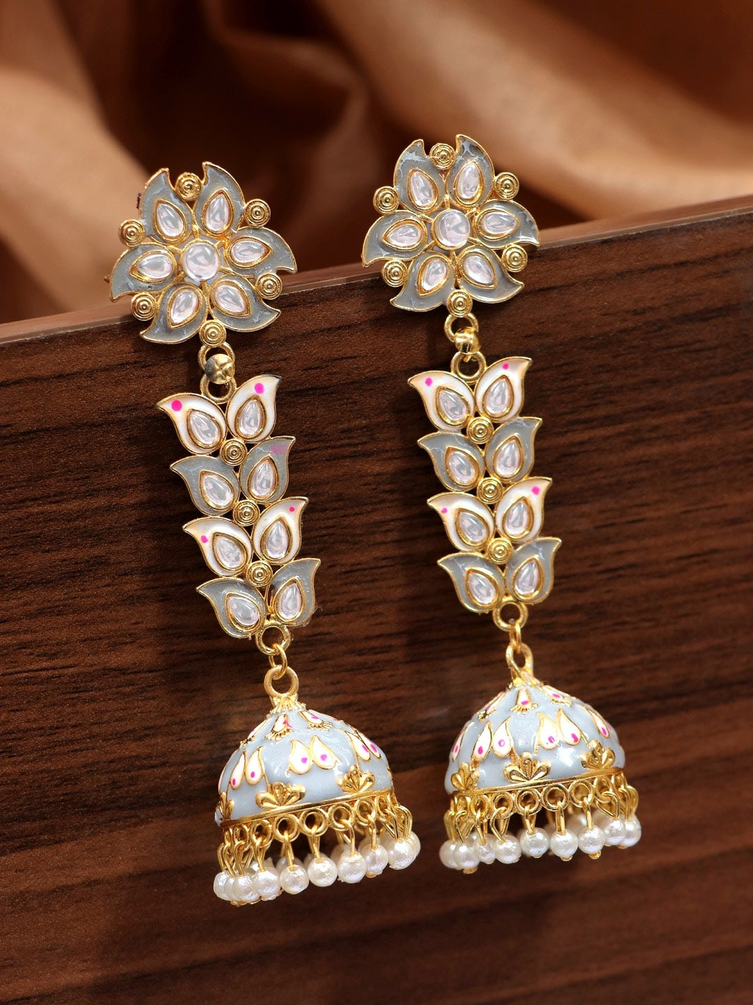 

Crunchy Fashion White Gold-plated Meenakari Long Jhumka Earrings