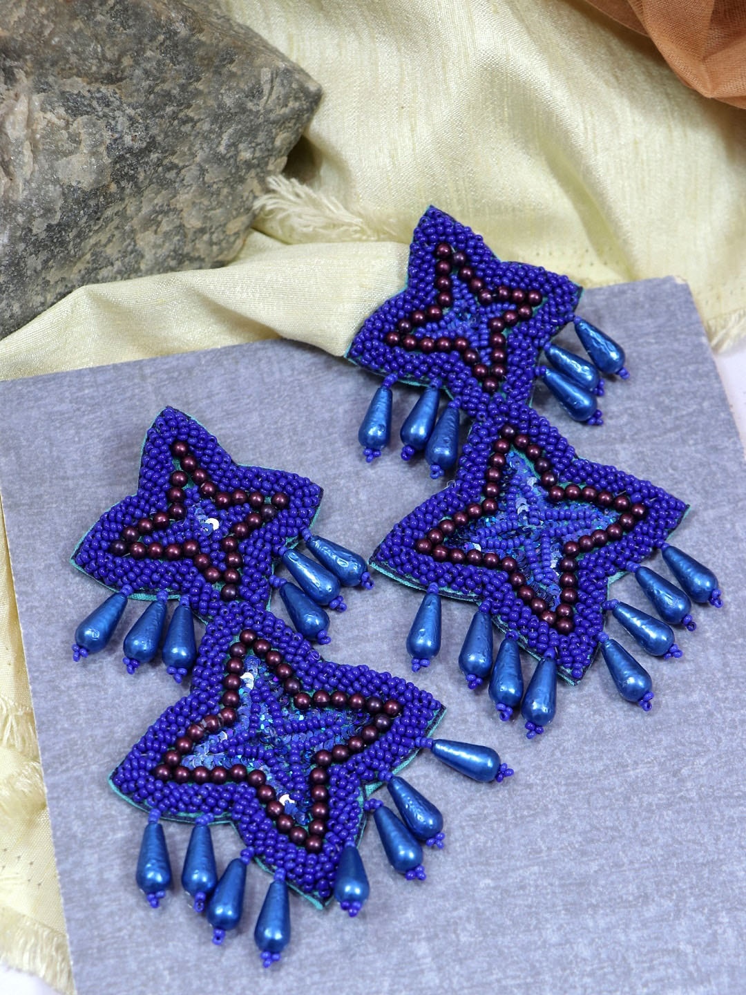 

Crunchy Fashion Silver-Plated & Blue Geometric Drop Earrings