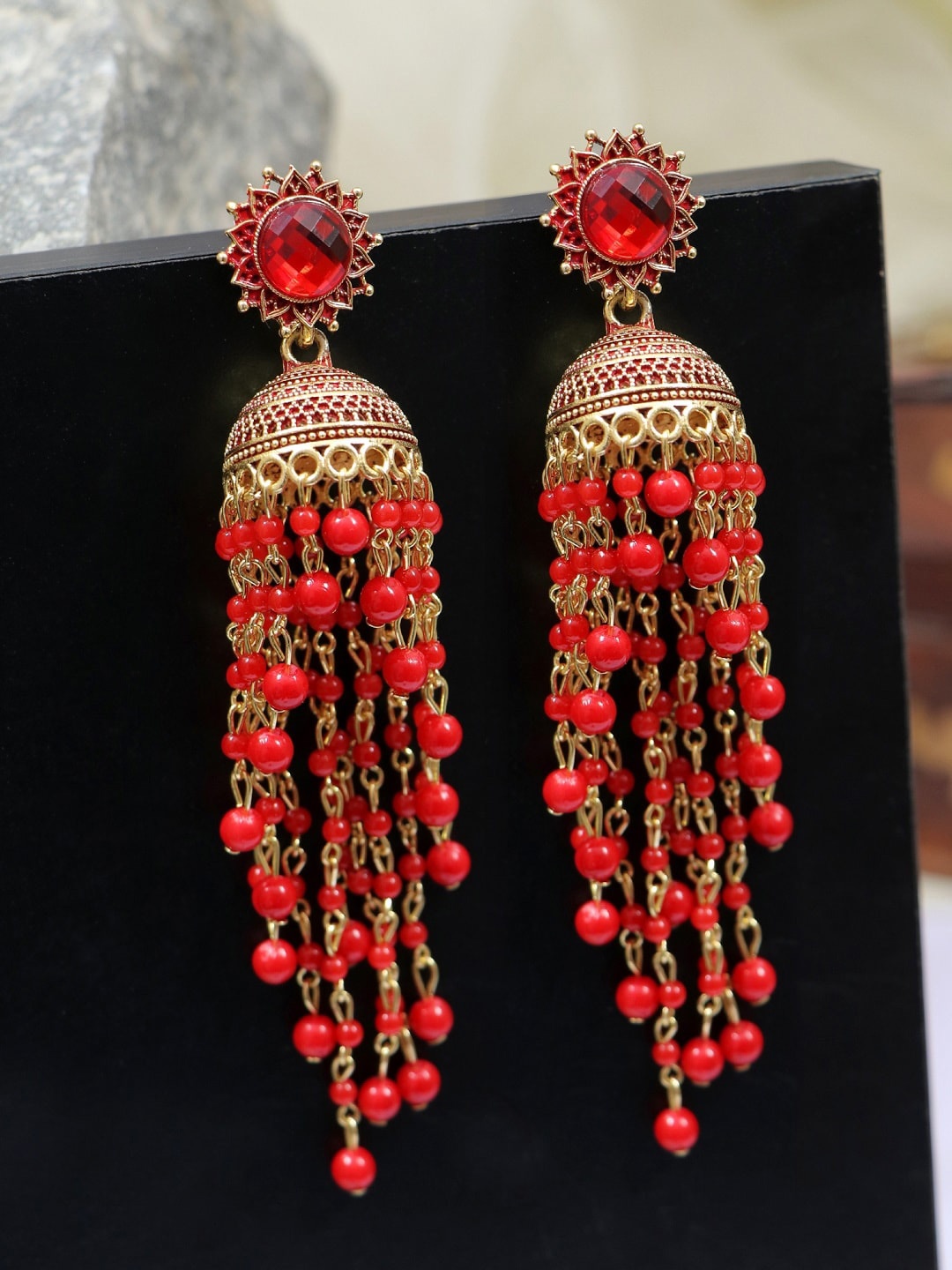 

Crunchy Fashion Gold-Plated & Red Dome Shaped Jhumkas