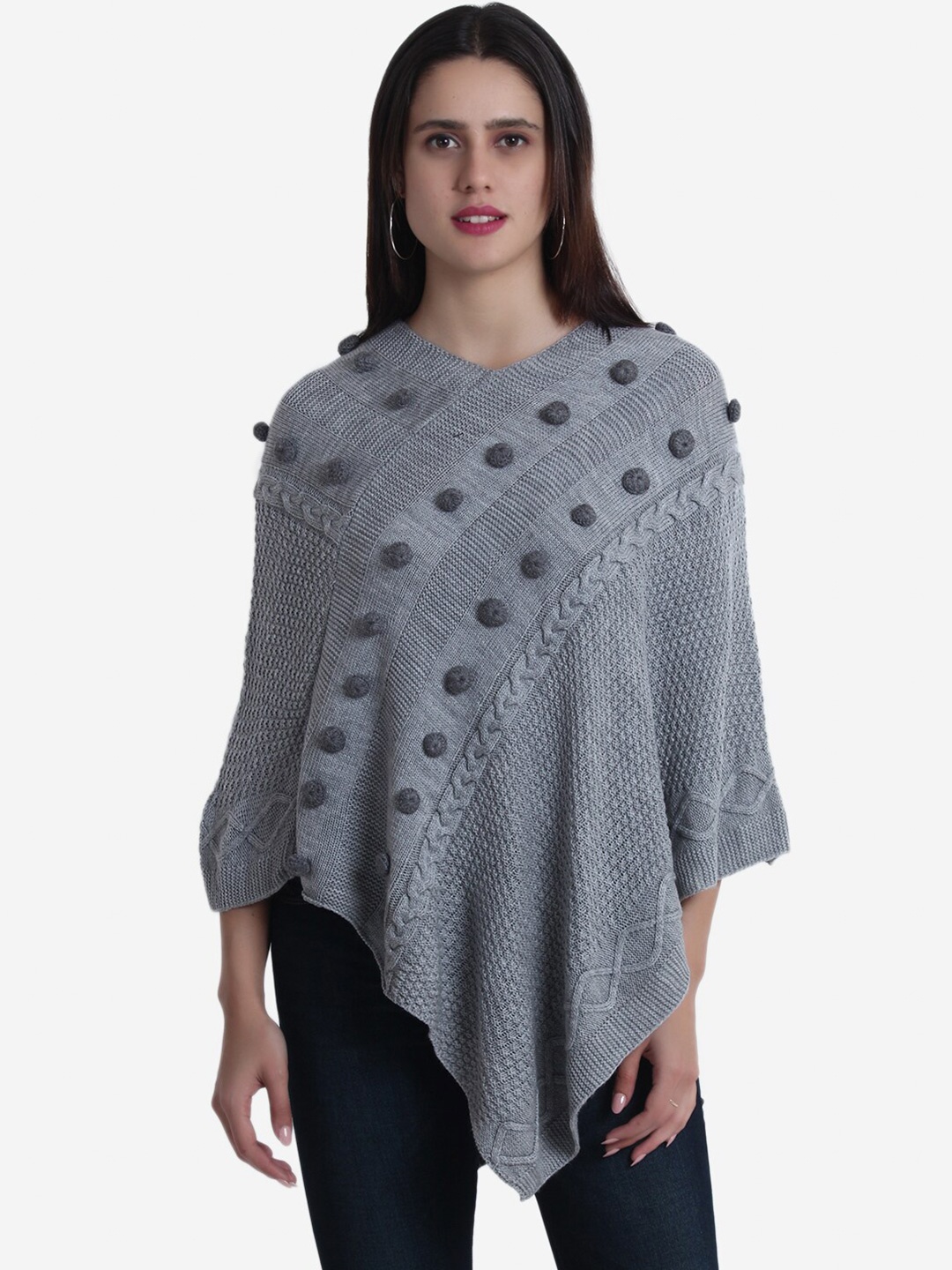

JoE Hazel Women Grey Self Designed Cable Knit Poncho